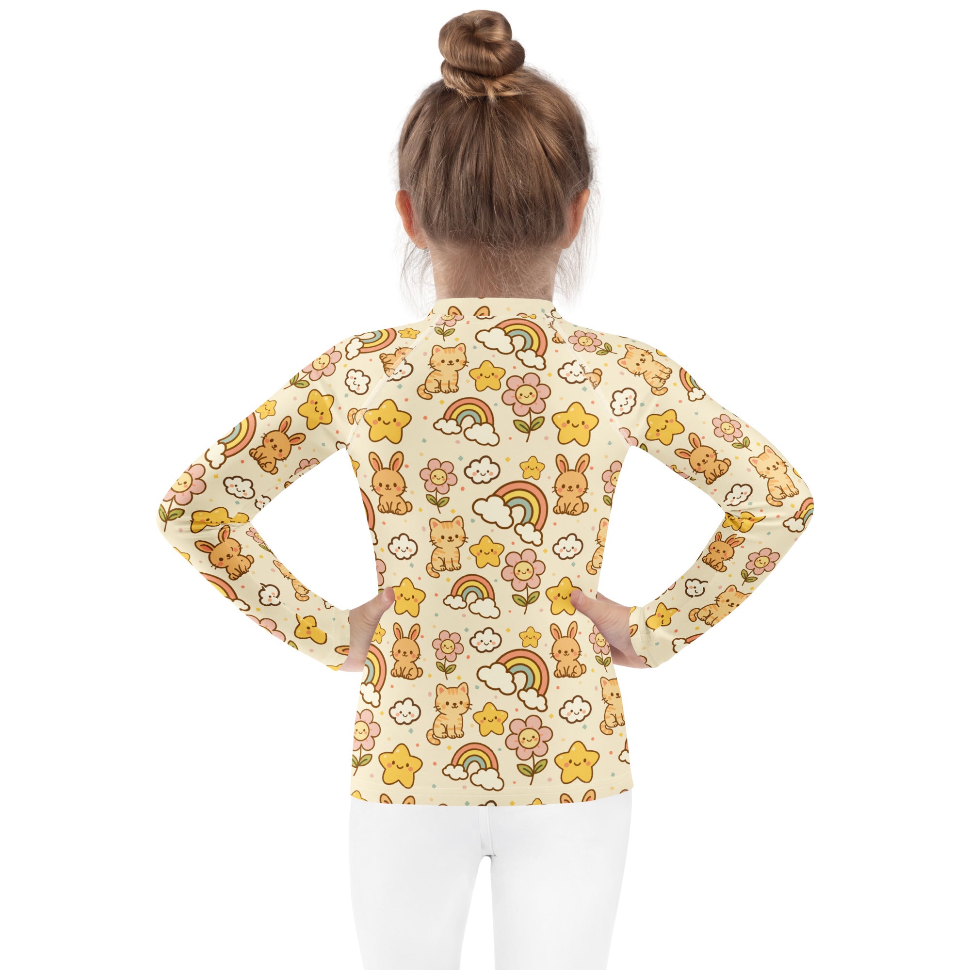 Kids Kawaii Rainbow Friends Long Sleeve Rash Guard Swim Shirt – Buttery Soft, Sun Safe UPF 50+ Protection, Quick Dry & 4-Way Stretch Comfort