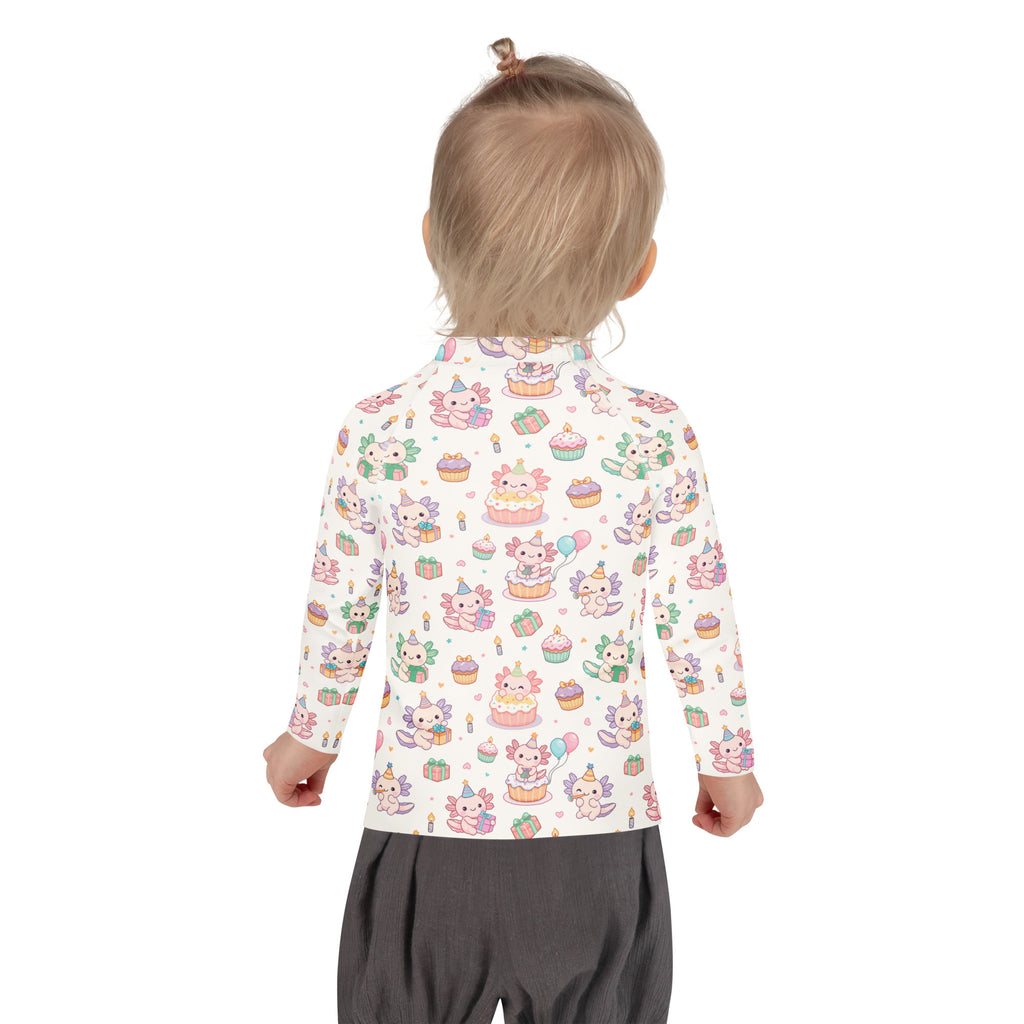Kids Axolotl Birthday Long Sleeve Rash Guard Swim Shirt – Buttery Soft, Sun Safe UPF 50+ Protection, Quick Dry & 4-Way Stretch Comfort