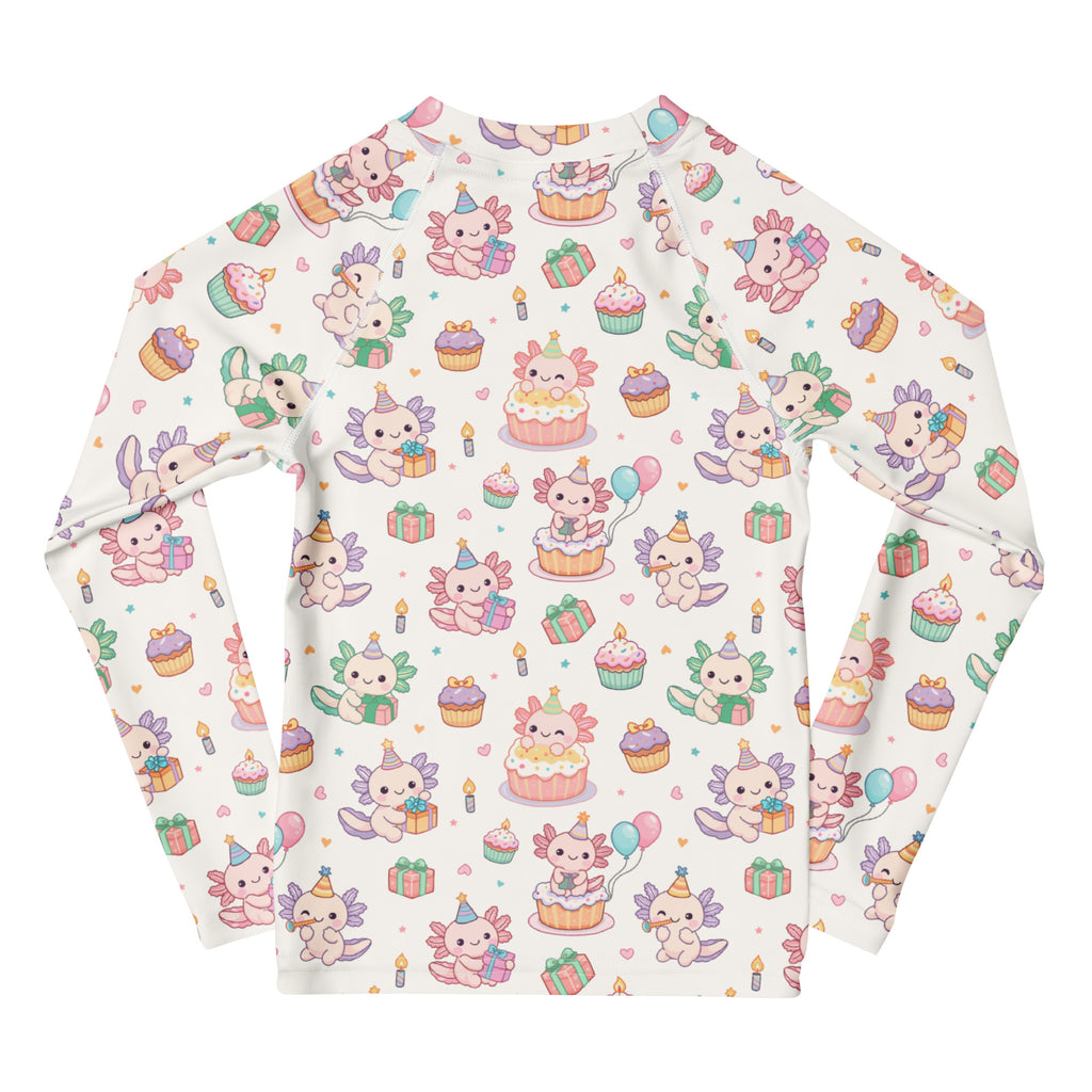 Kids Axolotl Birthday Long Sleeve Rash Guard Swim Shirt – Buttery Soft, Sun Safe UPF 50+ Protection, Quick Dry & 4-Way Stretch Comfort