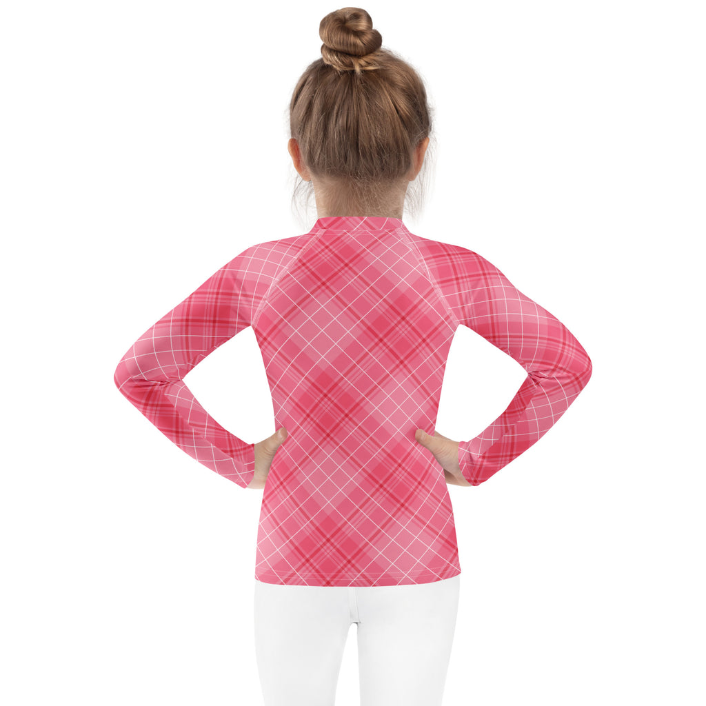 Girls Valentine’s Day Pink Plaid Long Sleeve Rash Guard Swim Shirt – Buttery Soft, Sun Safe UPF 50+ Protection, Quick Dry & 4-Way Stretch Comfort