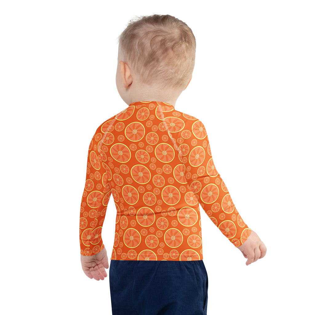 Kids Orange Citrus Long Sleeve Rash Guard Swim Shirt – Buttery Soft, Sun Safe UPF 50+ Protection, Quick Dry & 4-Way Stretch Comfort