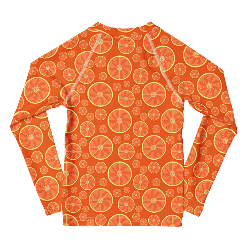 Kids Orange Citrus Long Sleeve Rash Guard Swim Shirt – Buttery Soft, Sun Safe UPF 50+ Protection, Quick Dry & 4-Way Stretch Comfort
