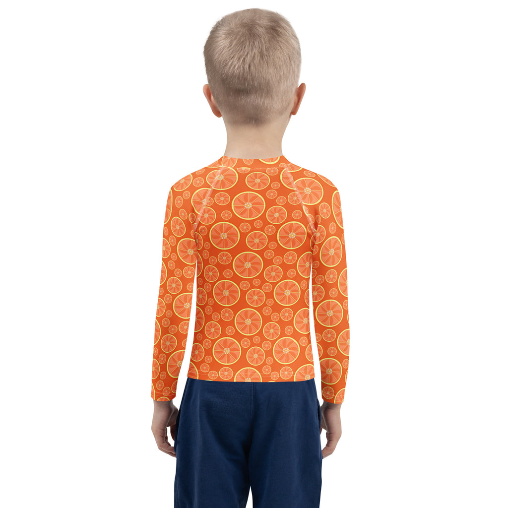 Kids Orange Citrus Long Sleeve Rash Guard Swim Shirt – Buttery Soft, Sun Safe UPF 50+ Protection, Quick Dry & 4-Way Stretch Comfort