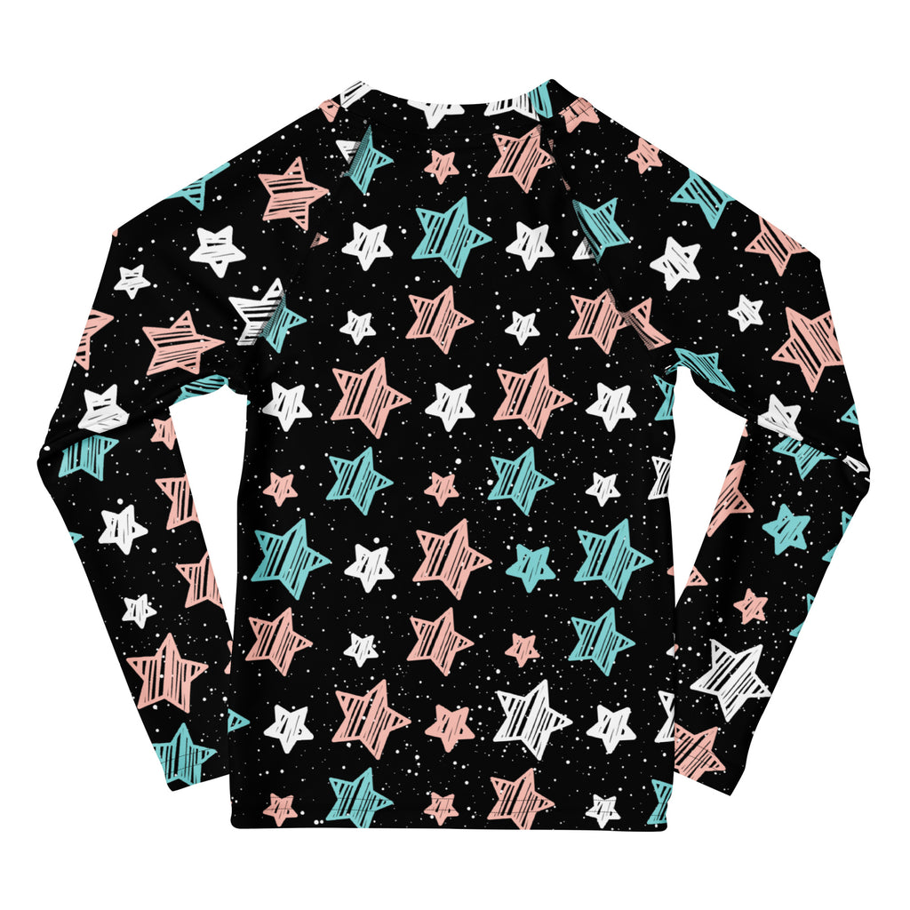 Girls Colorful Doodle Stars Stripe Long Sleeve Rash Guard Swim Shirt – Buttery Soft, Sun Safe UPF 50+ Protection, Quick Dry & 4-Way Stretch Comfort