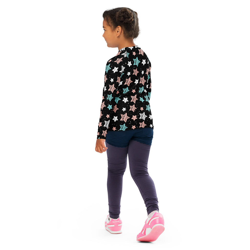 Girls Colorful Doodle Stars Stripe Long Sleeve Rash Guard Swim Shirt – Buttery Soft, Sun Safe UPF 50+ Protection, Quick Dry & 4-Way Stretch Comfort