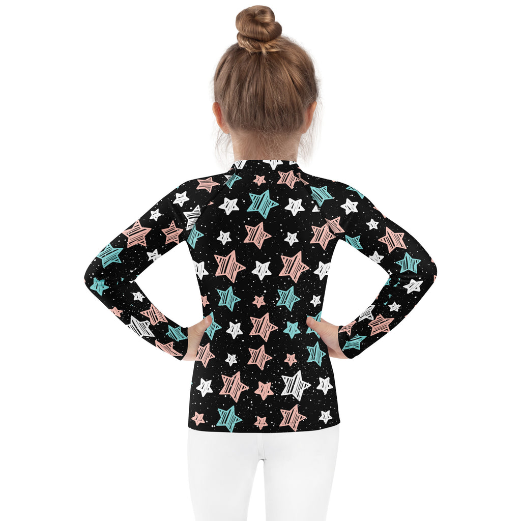 Girls Colorful Doodle Stars Stripe Long Sleeve Rash Guard Swim Shirt – Buttery Soft, Sun Safe UPF 50+ Protection, Quick Dry & 4-Way Stretch Comfort