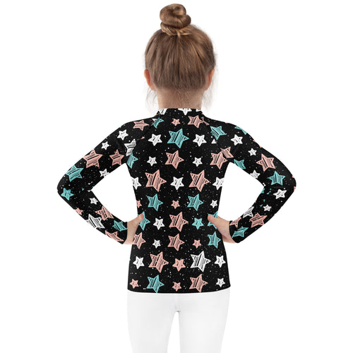Girls Colorful Doodle Stars Stripe Long Sleeve Rash Guard Swim Shirt – Buttery Soft, Sun Safe UPF 50+ Protection, Quick Dry & 4-Way Stretch Comfort