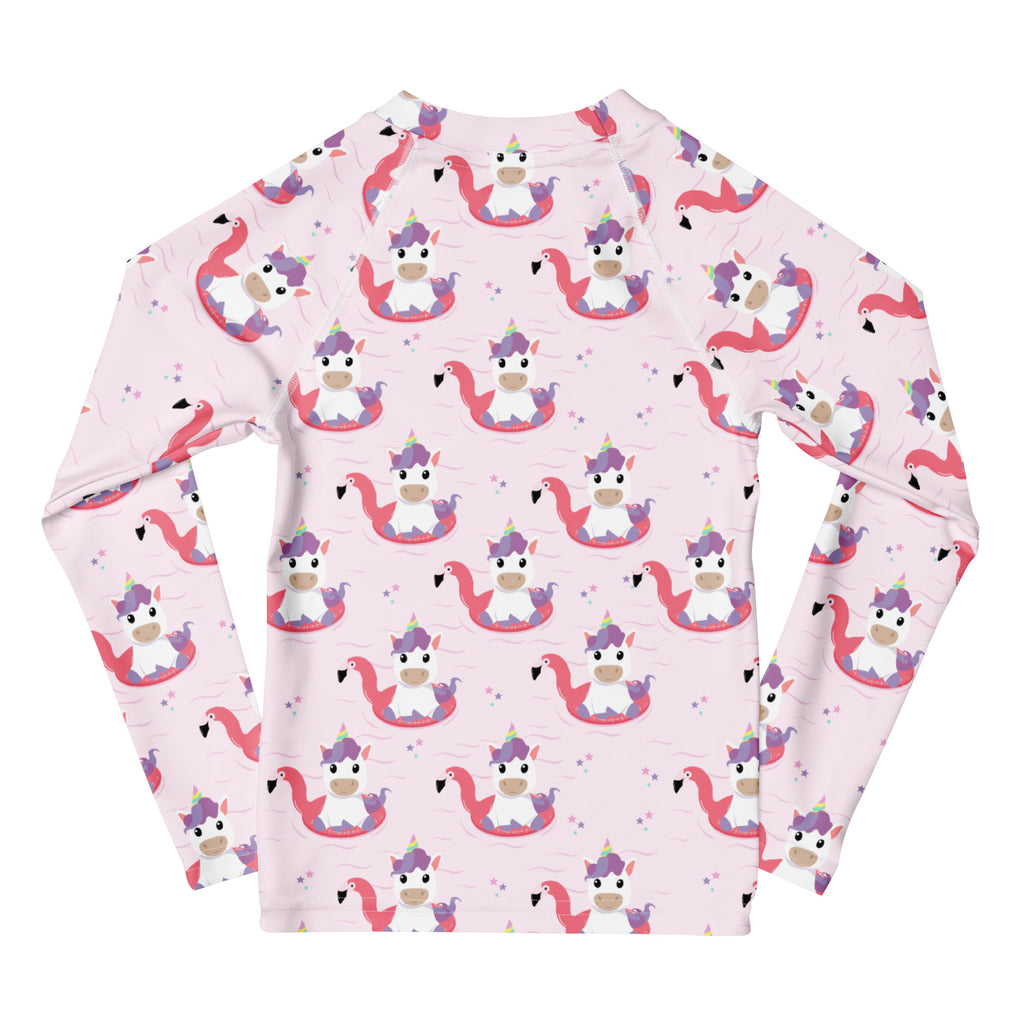 Girls Pink Unicorn Flamingo Long Sleeve Rash Guard Swim Shirt – Buttery Soft, Sun Safe UPF 50+ Protection, Quick Dry & 4-Way Stretch Comfort