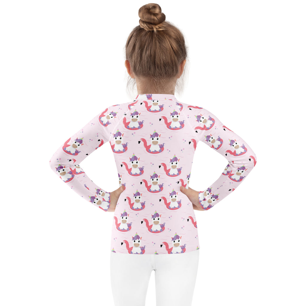Girls Pink Unicorn Flamingo Long Sleeve Rash Guard Swim Shirt – Buttery Soft, Sun Safe UPF 50+ Protection, Quick Dry & 4-Way Stretch Comfort