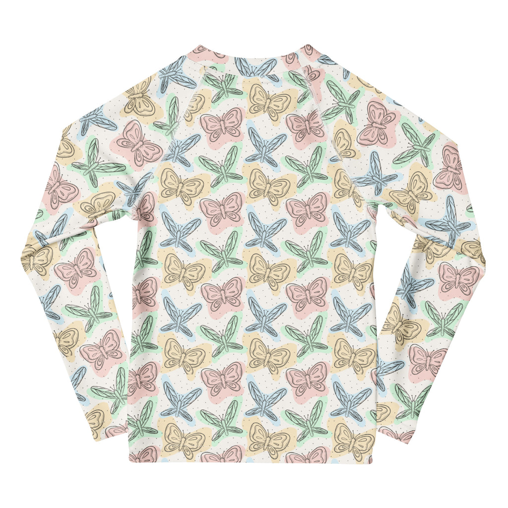 Girls Pastel Butterfly Long Sleeve Rash Guard Swim Shirt – Buttery Soft, Sun Safe UPF 50+ Protection, Quick Dry & 4-Way Stretch Comfort