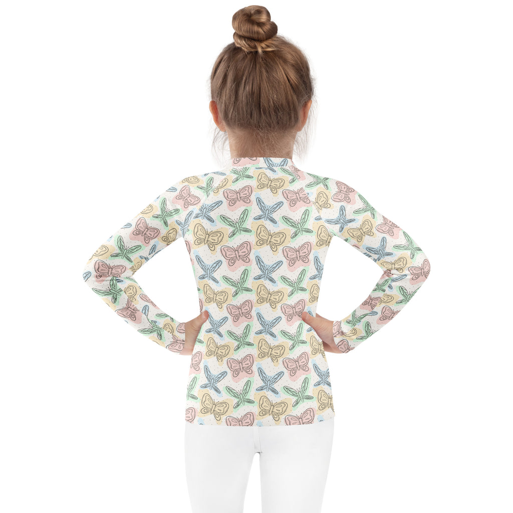 Girls Pastel Butterfly Long Sleeve Rash Guard Swim Shirt – Buttery Soft, Sun Safe UPF 50+ Protection, Quick Dry & 4-Way Stretch Comfort