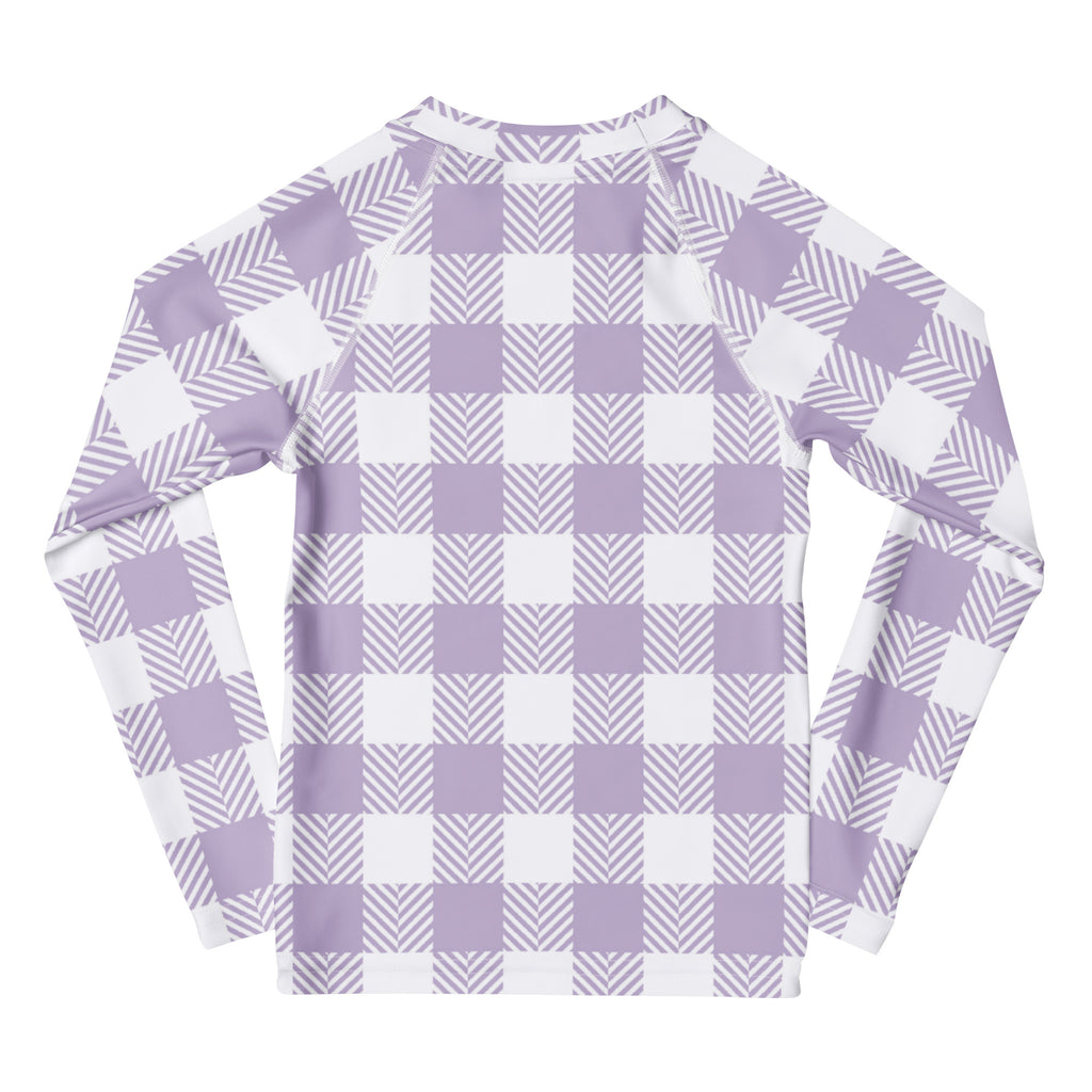 Girls Lavender Gingham Long Sleeve Rash Guard Swim Shirt – Buttery Soft, Sun Safe UPF 50+ Protection, Quick Dry & 4-Way Stretch Comfort