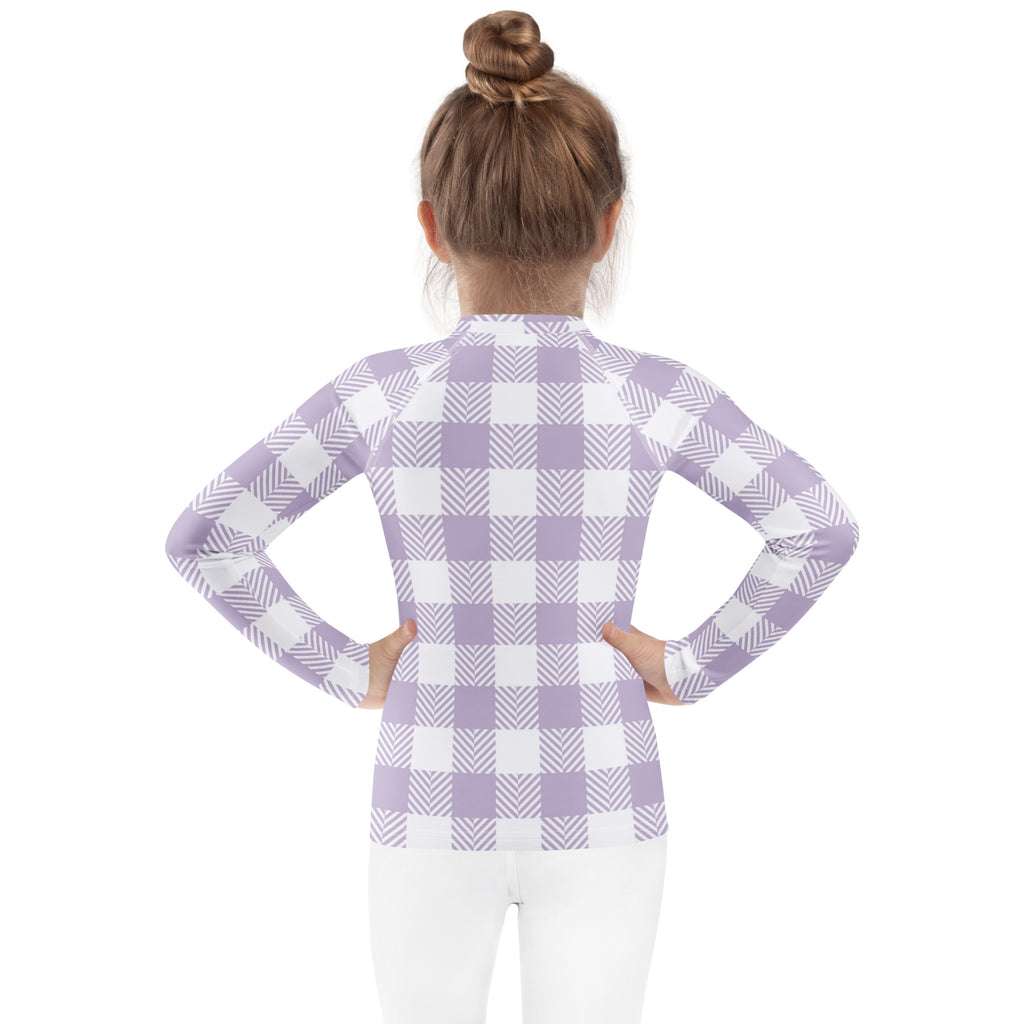 Girls Lavender Gingham Long Sleeve Rash Guard Swim Shirt – Buttery Soft, Sun Safe UPF 50+ Protection, Quick Dry & 4-Way Stretch Comfort