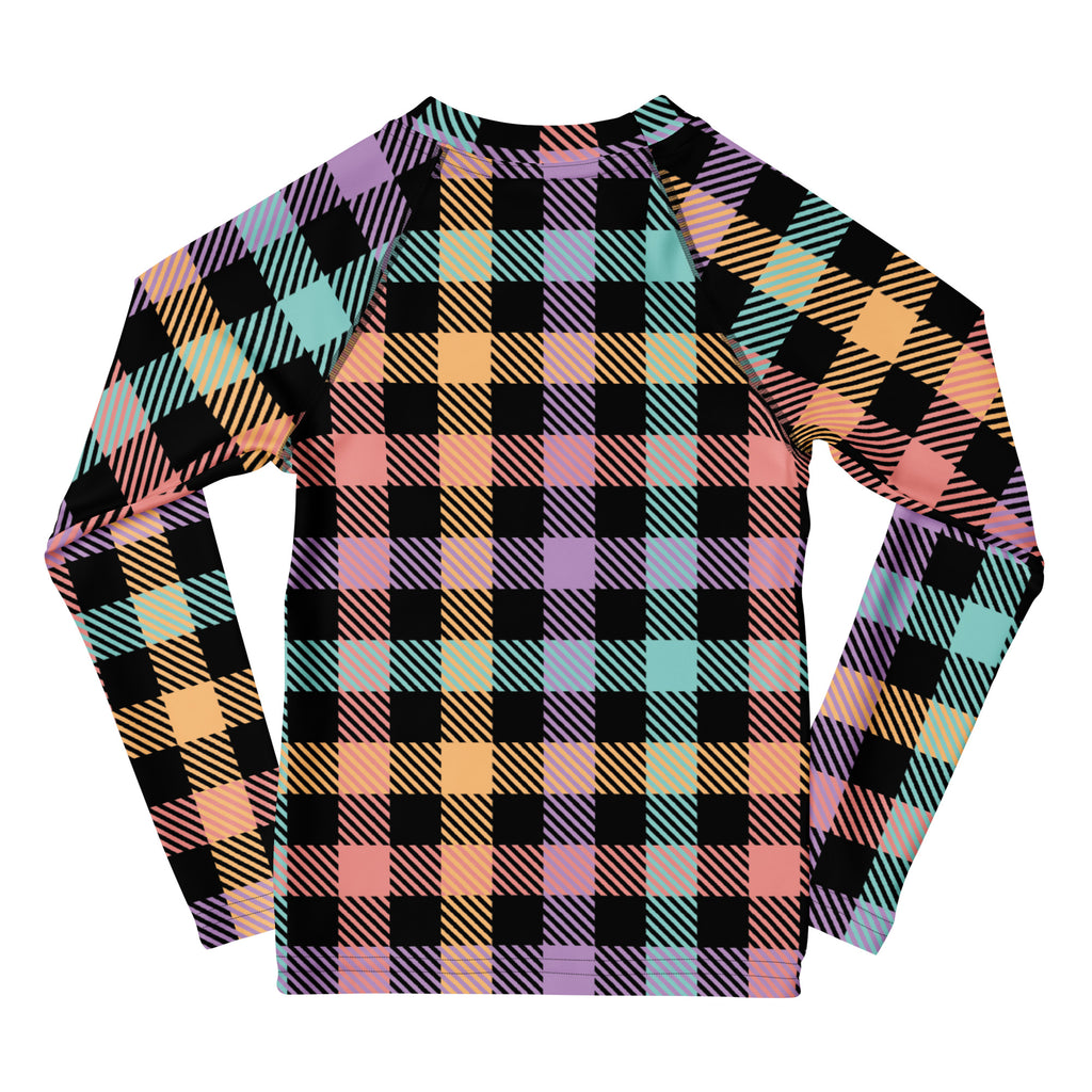 Girls Colorful Pastel Plaid Long Sleeve Rash Guard Swim Shirt – Buttery Soft, Sun Safe UPF 50+ Protection, Quick Dry & 4-Way Stretch Comfort
