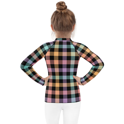 Girls Colorful Pastel Plaid Long Sleeve Rash Guard Swim Shirt – Buttery Soft, Sun Safe UPF 50+ Protection, Quick Dry & 4-Way Stretch Comfort