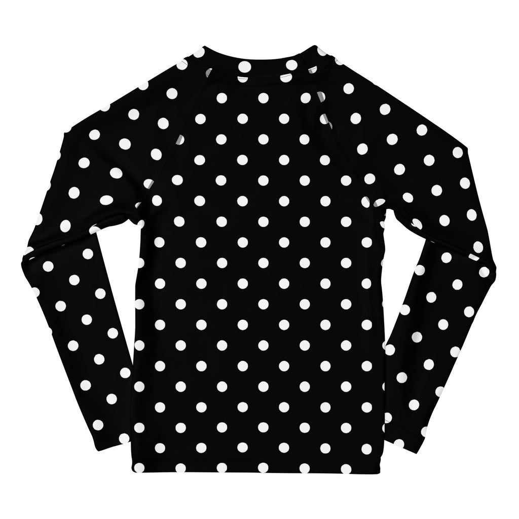 Kids Black Polka Dot Long Sleeve Rash Guard Swim Shirt – Buttery Soft, Sun Safe UPF 50+ Protection, Quick Dry & 4-Way Stretch Comfort
