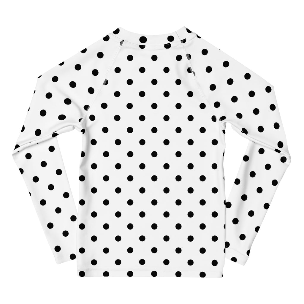 Kids White Polka Dot Long Sleeve Rash Guard Swim Shirt – Buttery Soft, Sun Safe UPF 50+ Protection, Quick Dry & 4-Way Stretch Comfort