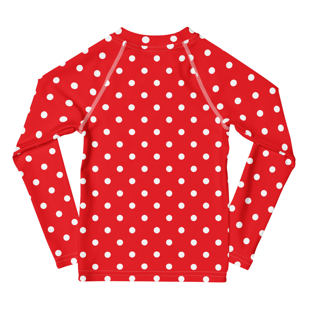 Kids Red Polka Dot Long Sleeve Rash Guard Swim Shirt – Buttery Soft, Sun Safe UPF 50+ Protection, Quick Dry & 4-Way Stretch Comfort