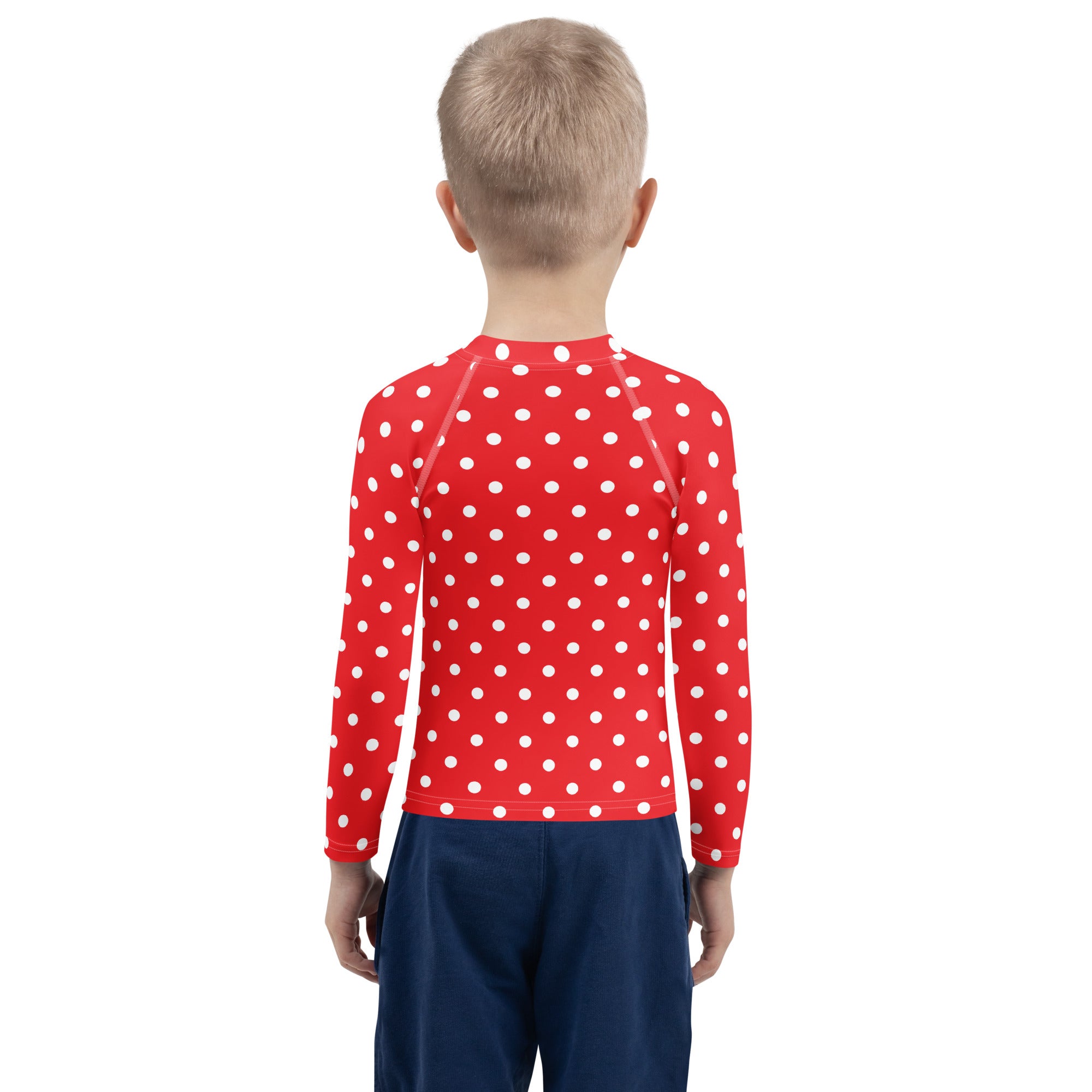 Kids Red Polka Dot Long Sleeve Rash Guard Swim Shirt – Buttery Soft, Sun Safe UPF 50+ Protection, Quick Dry & 4-Way Stretch Comfort