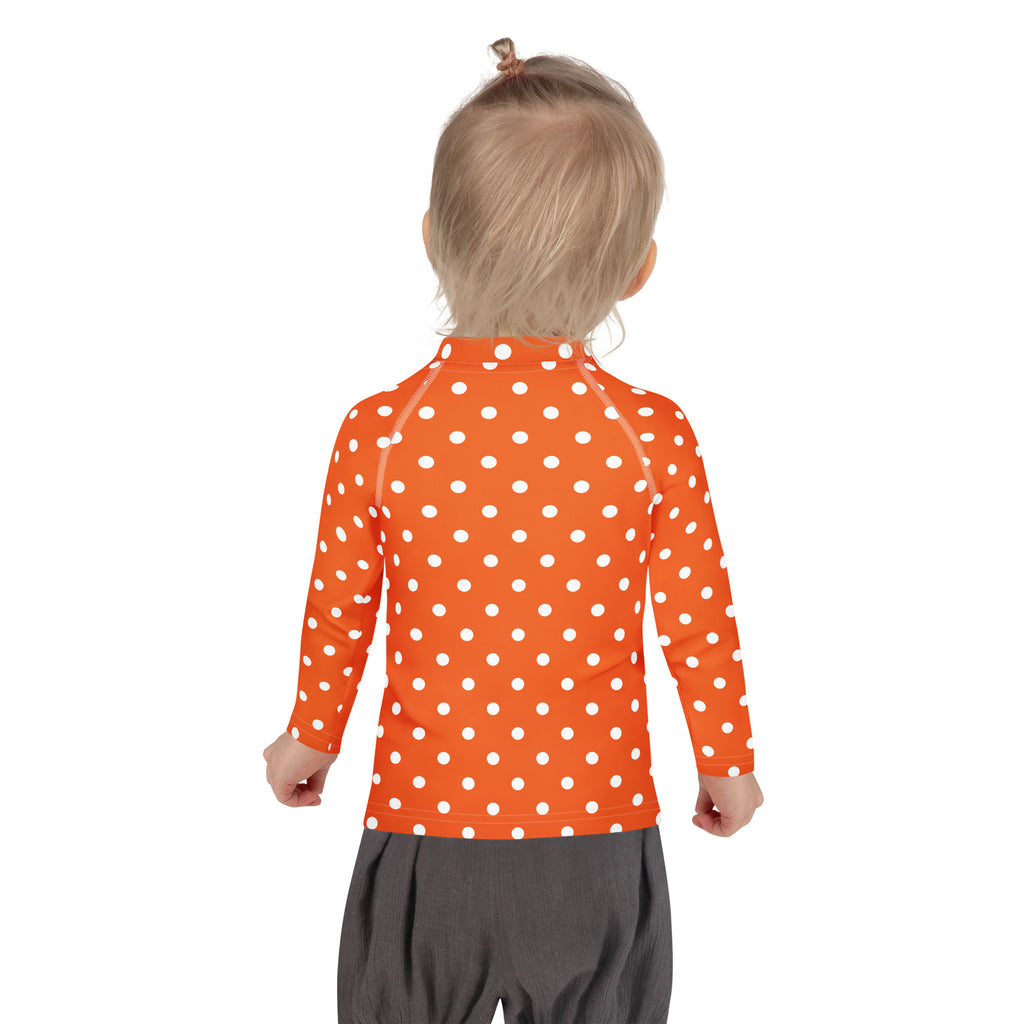 Kids Orange Polka Dot Long Sleeve Rash Guard Swim Shirt – Buttery Soft, Sun Safe UPF 50+ Protection, Quick Dry & 4-Way Stretch Comfort