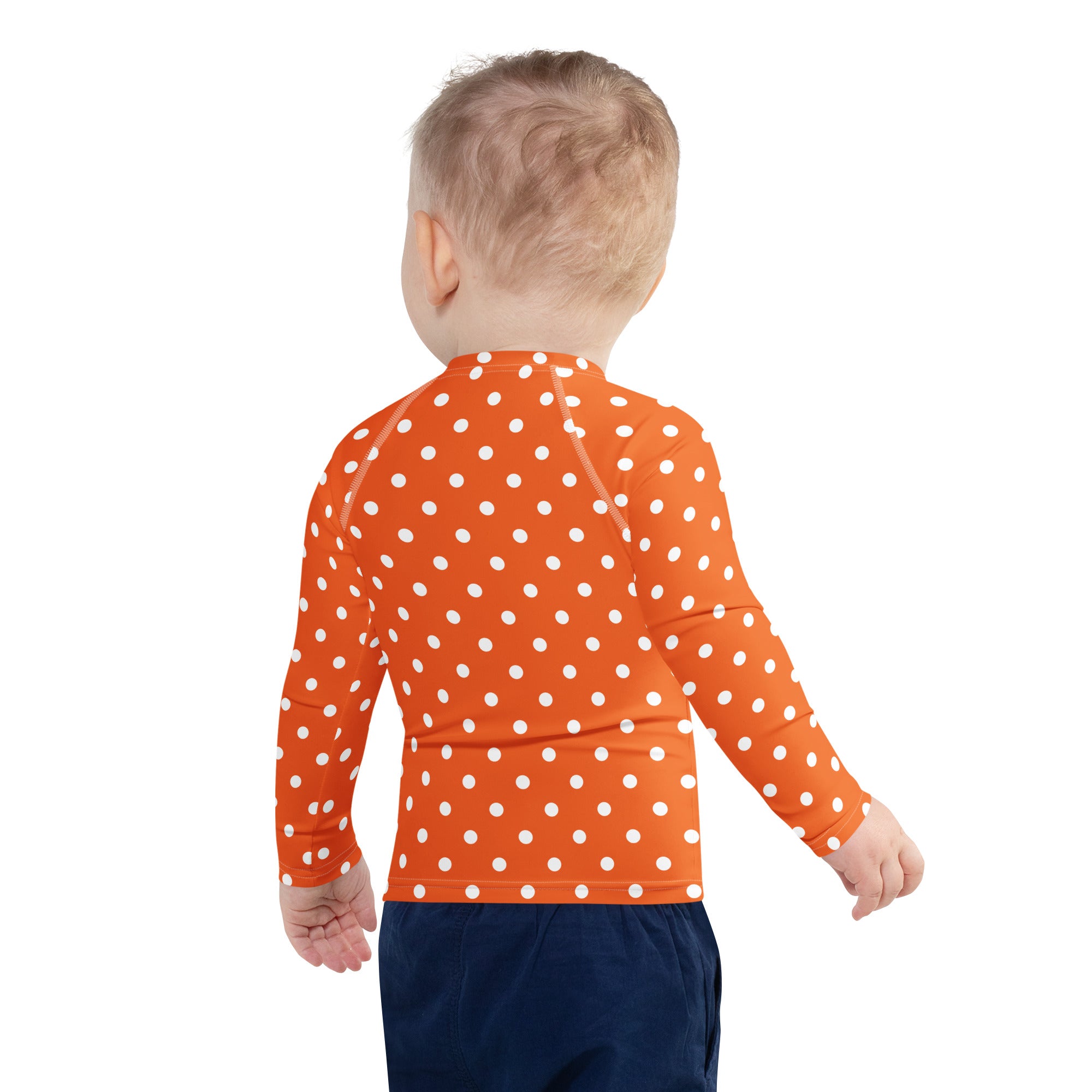 Kids Orange Polka Dot Long Sleeve Rash Guard Swim Shirt – Buttery Soft, Sun Safe UPF 50+ Protection, Quick Dry & 4-Way Stretch Comfort