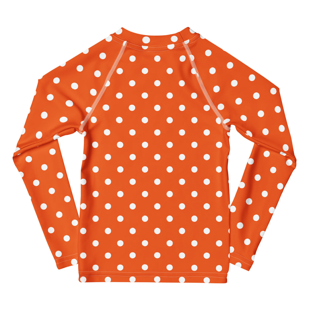 Kids Orange Polka Dot Long Sleeve Rash Guard Swim Shirt – Buttery Soft, Sun Safe UPF 50+ Protection, Quick Dry & 4-Way Stretch Comfort