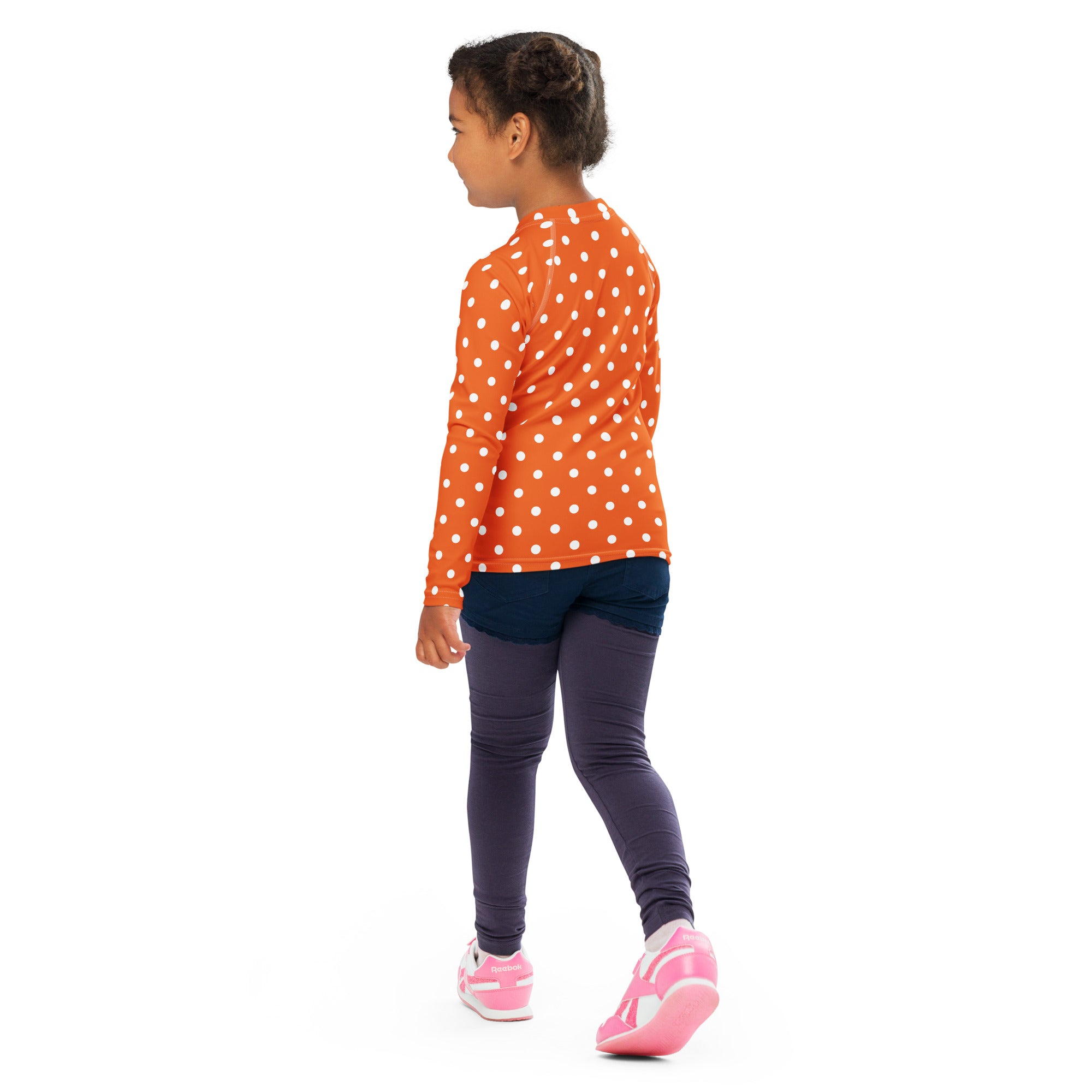 Kids Orange Polka Dot Long Sleeve Rash Guard Swim Shirt – Buttery Soft, Sun Safe UPF 50+ Protection, Quick Dry & 4-Way Stretch Comfort