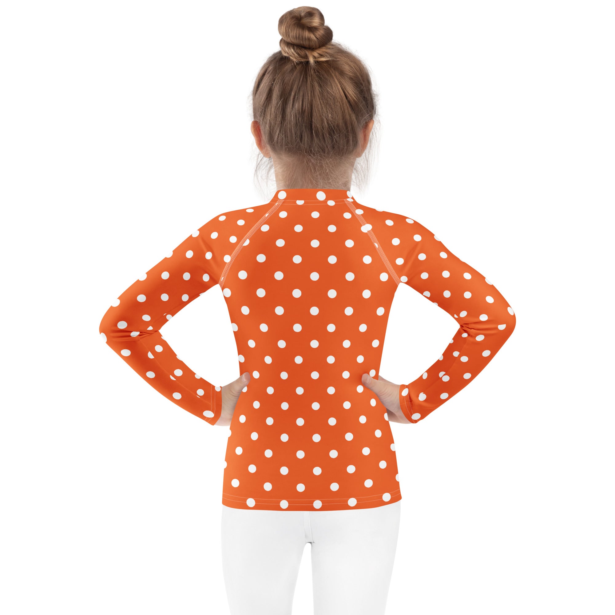 Kids Orange Polka Dot Long Sleeve Rash Guard Swim Shirt – Buttery Soft, Sun Safe UPF 50+ Protection, Quick Dry & 4-Way Stretch Comfort