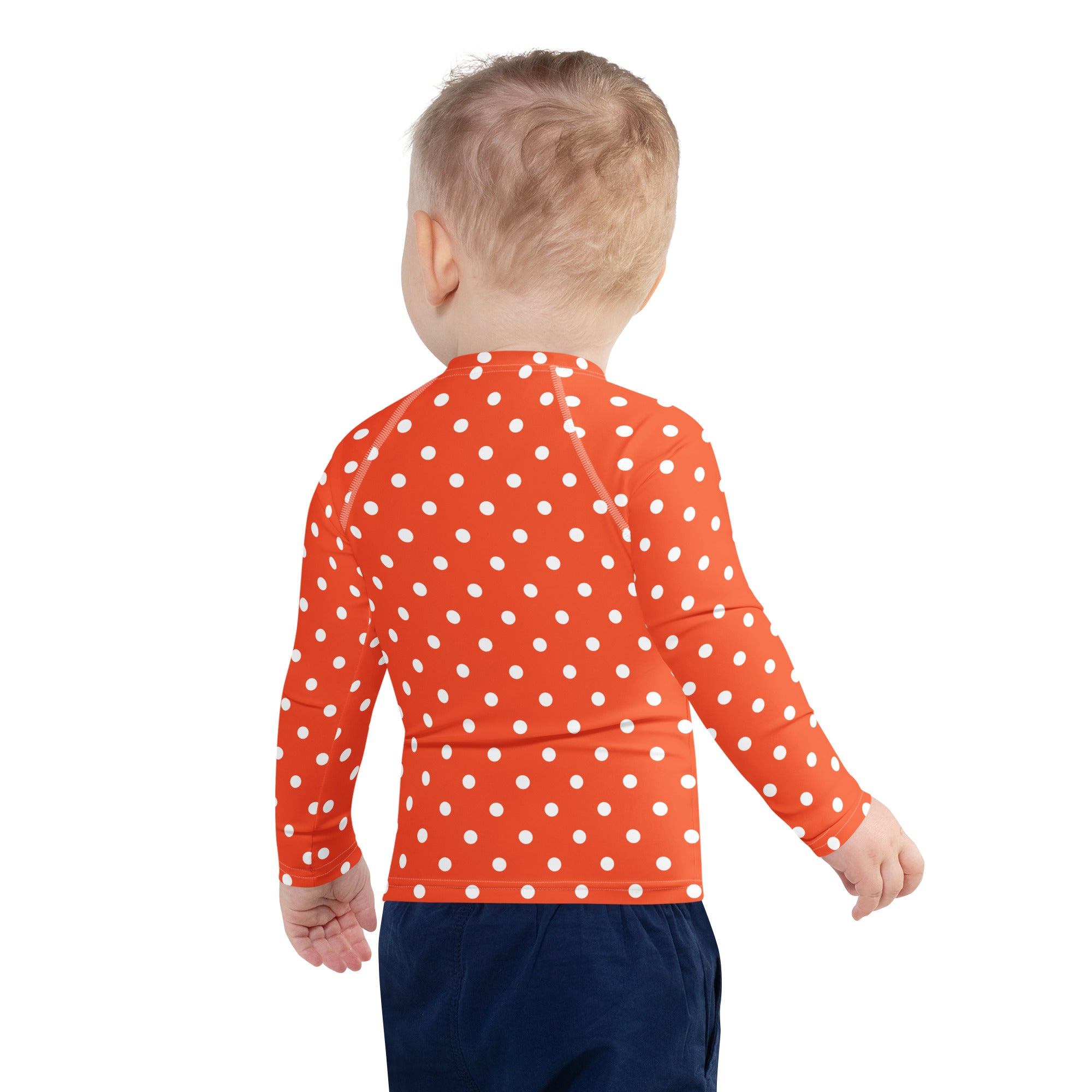 Kids Bright Orange Polka Dot Long Sleeve Rash Guard Swim Shirt – Buttery Soft, Sun Safe UPF 50+ Protection, Quick Dry & 4-Way Stretch Comfort
