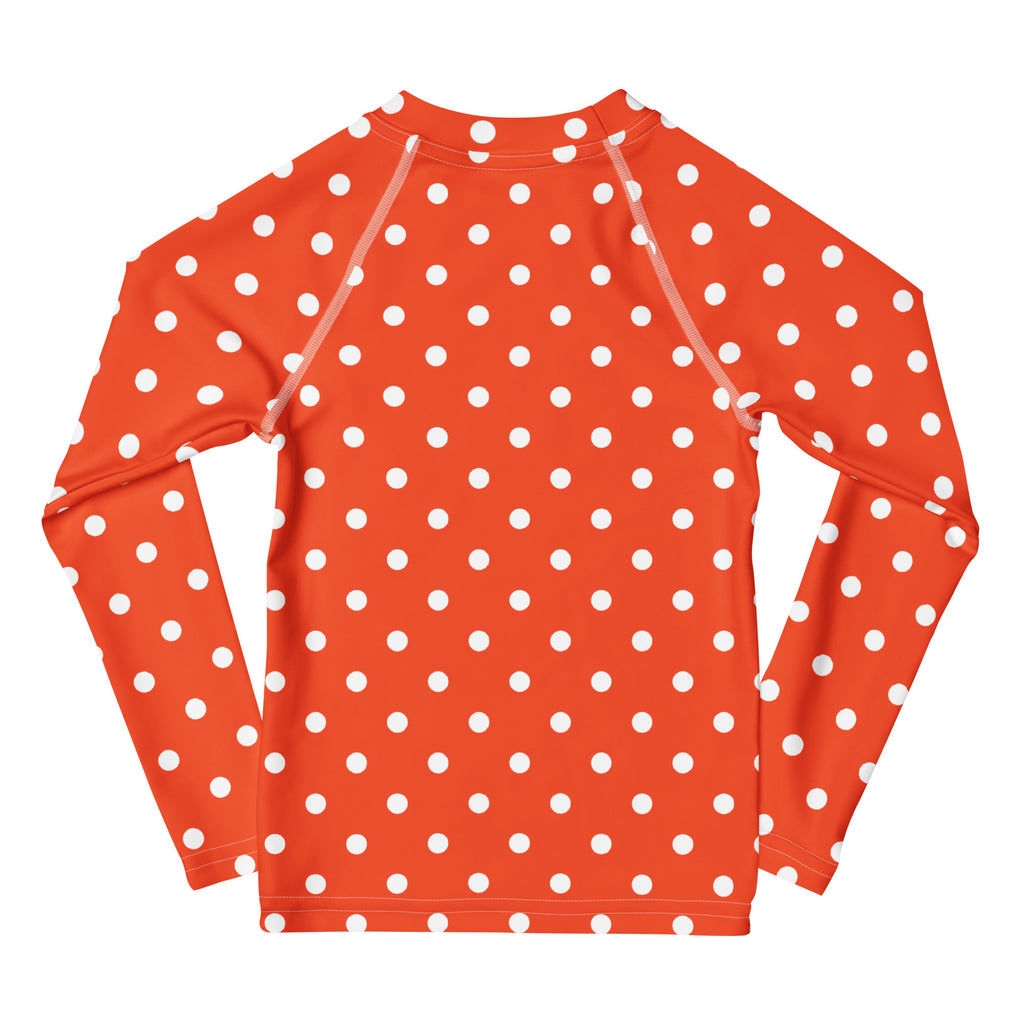 Kids Bright Orange Polka Dot Long Sleeve Rash Guard Swim Shirt – Buttery Soft, Sun Safe UPF 50+ Protection, Quick Dry & 4-Way Stretch Comfort