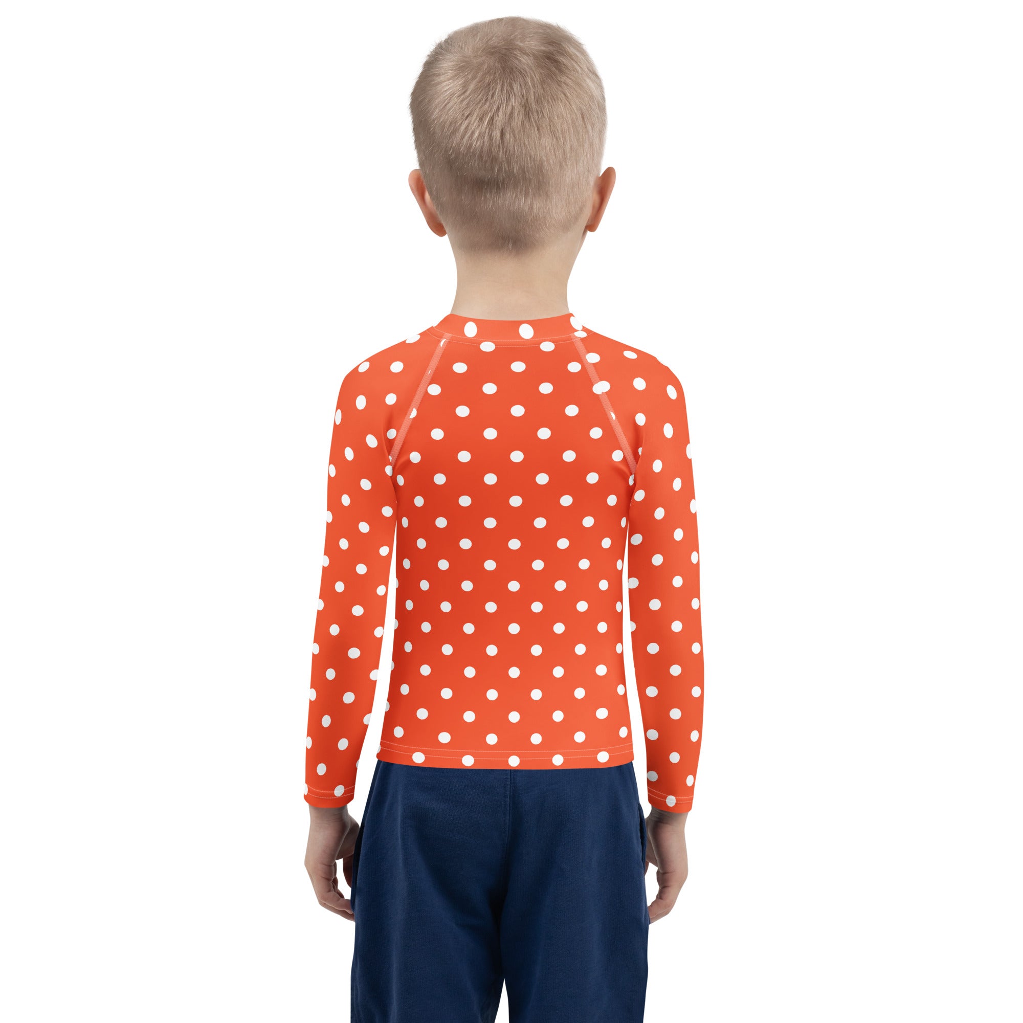 Kids Bright Orange Polka Dot Long Sleeve Rash Guard Swim Shirt – Buttery Soft, Sun Safe UPF 50+ Protection, Quick Dry & 4-Way Stretch Comfort