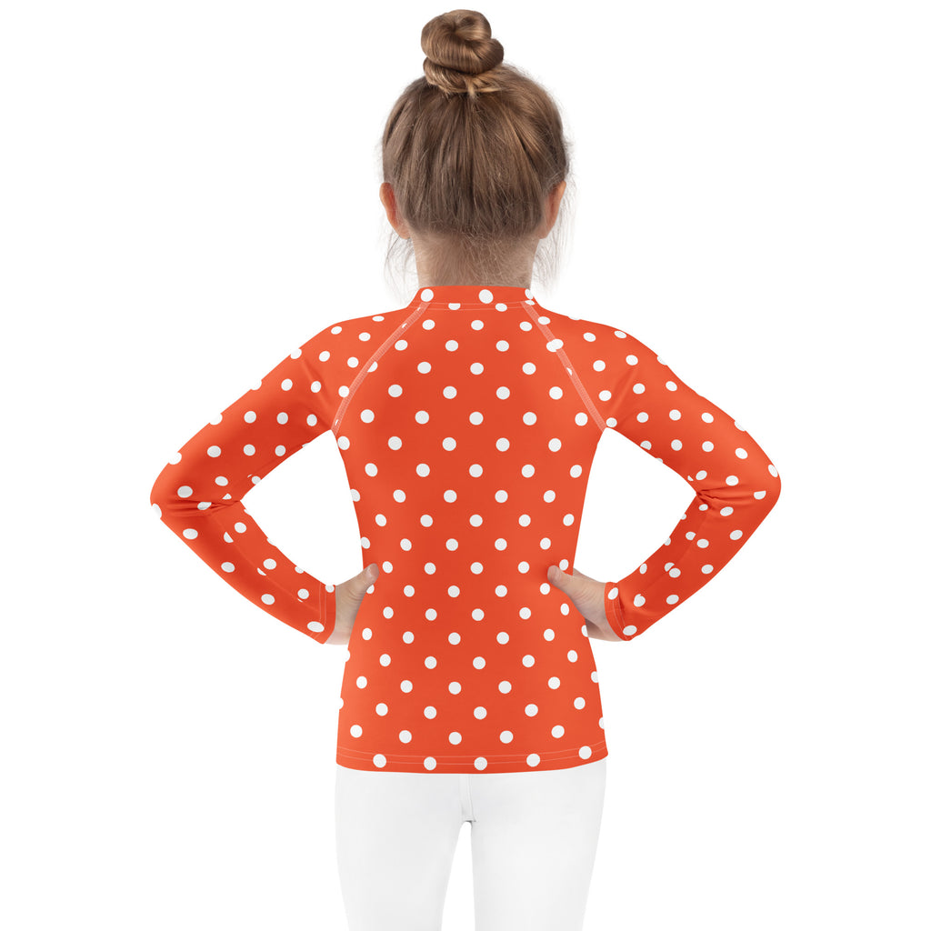 Kids Bright Orange Polka Dot Long Sleeve Rash Guard Swim Shirt – Buttery Soft, Sun Safe UPF 50+ Protection, Quick Dry & 4-Way Stretch Comfort