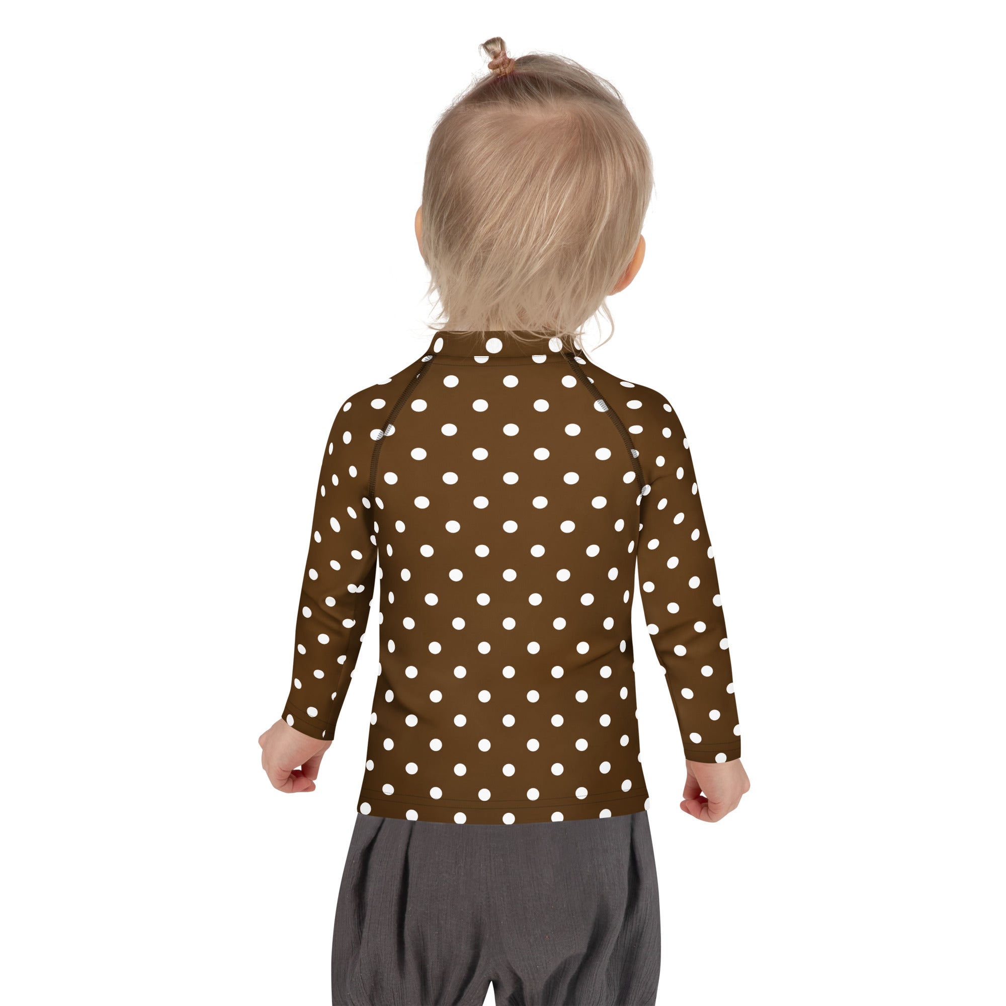 Kids Brown Polka Dot Long Sleeve Rash Guard Swim Shirt – Buttery Soft, Sun Safe UPF 50+ Protection, Quick Dry & 4-Way Stretch Comfort