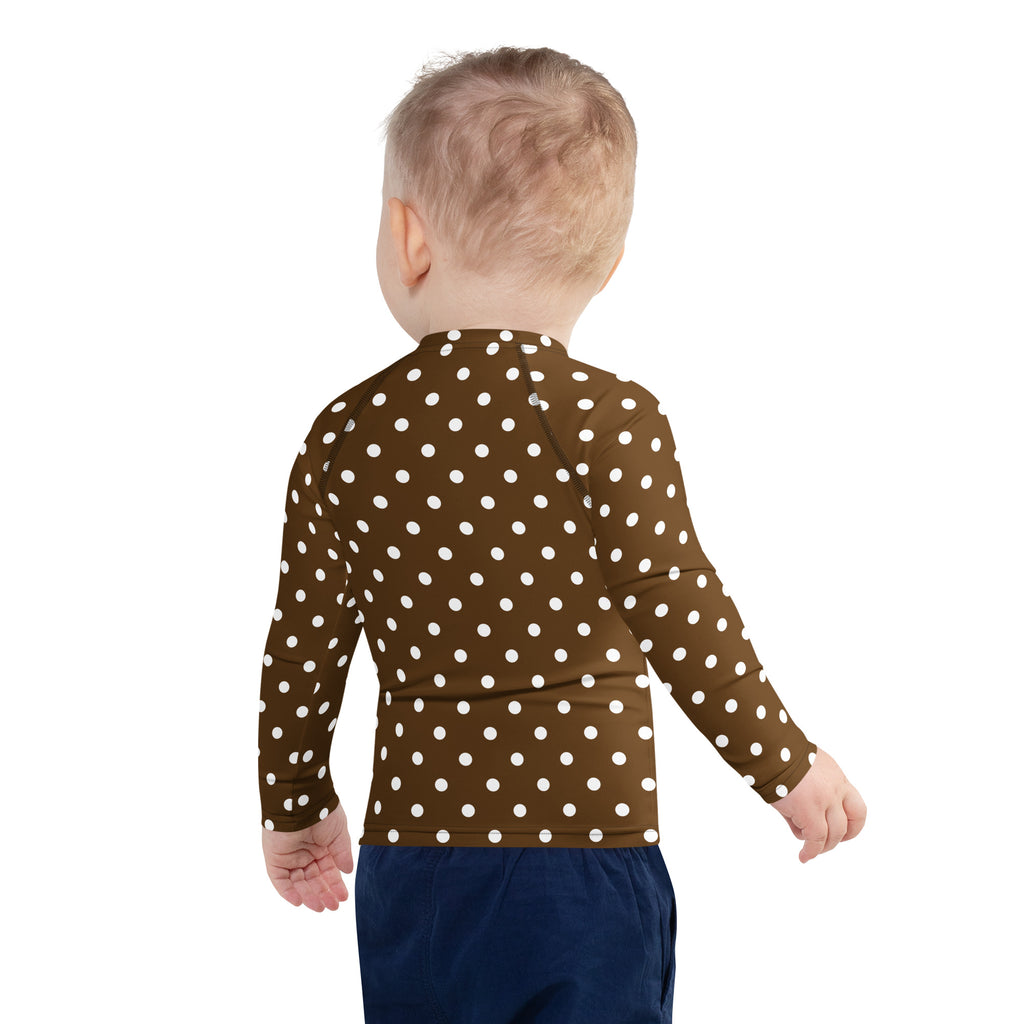 Kids Brown Polka Dot Long Sleeve Rash Guard Swim Shirt – Buttery Soft, Sun Safe UPF 50+ Protection, Quick Dry & 4-Way Stretch Comfort