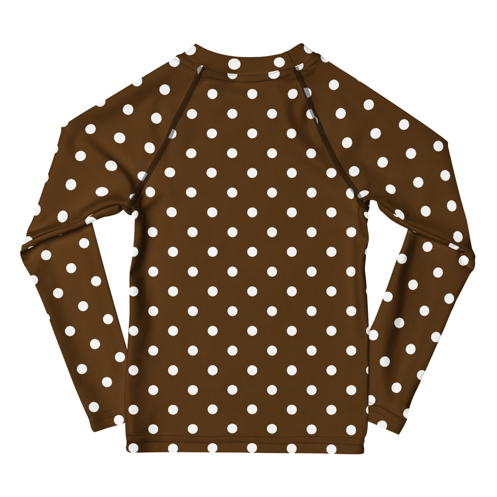 Kids Brown Polka Dot Long Sleeve Rash Guard Swim Shirt – Buttery Soft, Sun Safe UPF 50+ Protection, Quick Dry & 4-Way Stretch Comfort