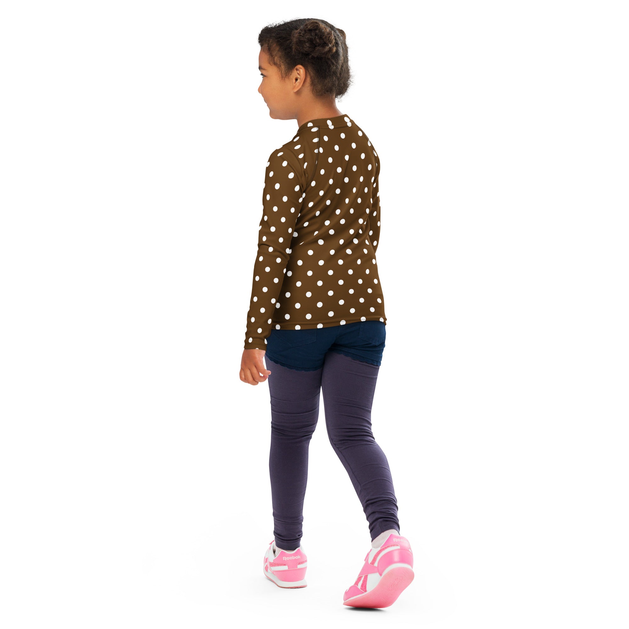 Kids Brown Polka Dot Long Sleeve Rash Guard Swim Shirt – Buttery Soft, Sun Safe UPF 50+ Protection, Quick Dry & 4-Way Stretch Comfort