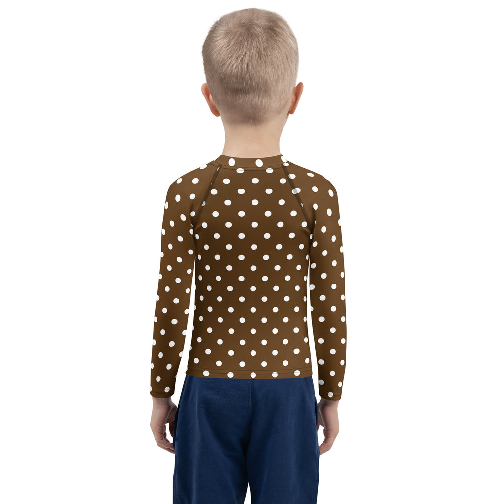 Kids Brown Polka Dot Long Sleeve Rash Guard Swim Shirt – Buttery Soft, Sun Safe UPF 50+ Protection, Quick Dry & 4-Way Stretch Comfort