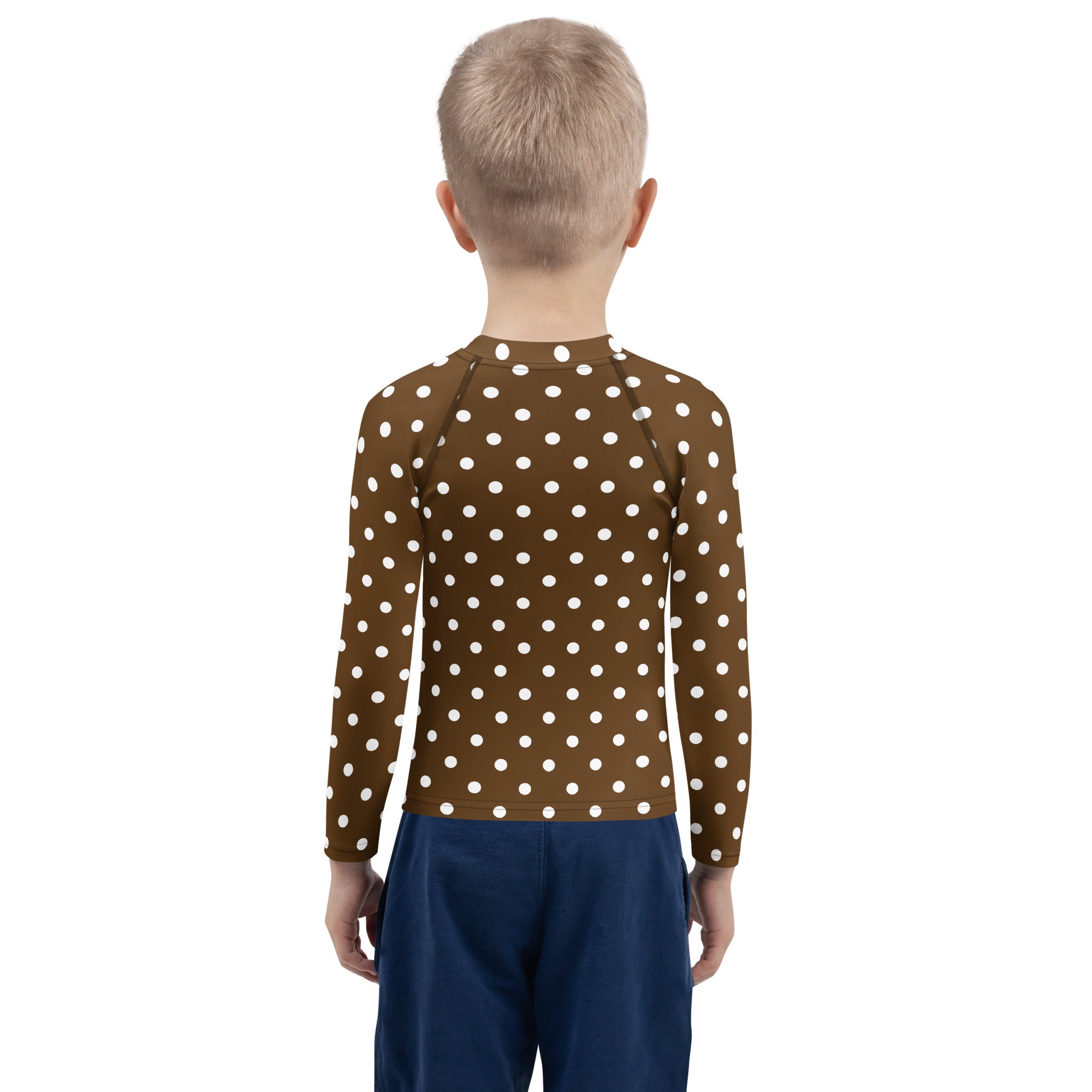 Kids Brown Polka Dot Long Sleeve Rash Guard Swim Shirt – Buttery Soft, Sun Safe UPF 50+ Protection, Quick Dry & 4-Way Stretch Comfort