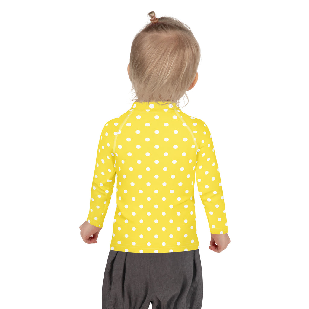 Kids Yellow Polka Dot Long Sleeve Rash Guard Swim Shirt – Buttery Soft, Sun Safe UPF 50+ Protection, Quick Dry & 4-Way Stretch Comfort