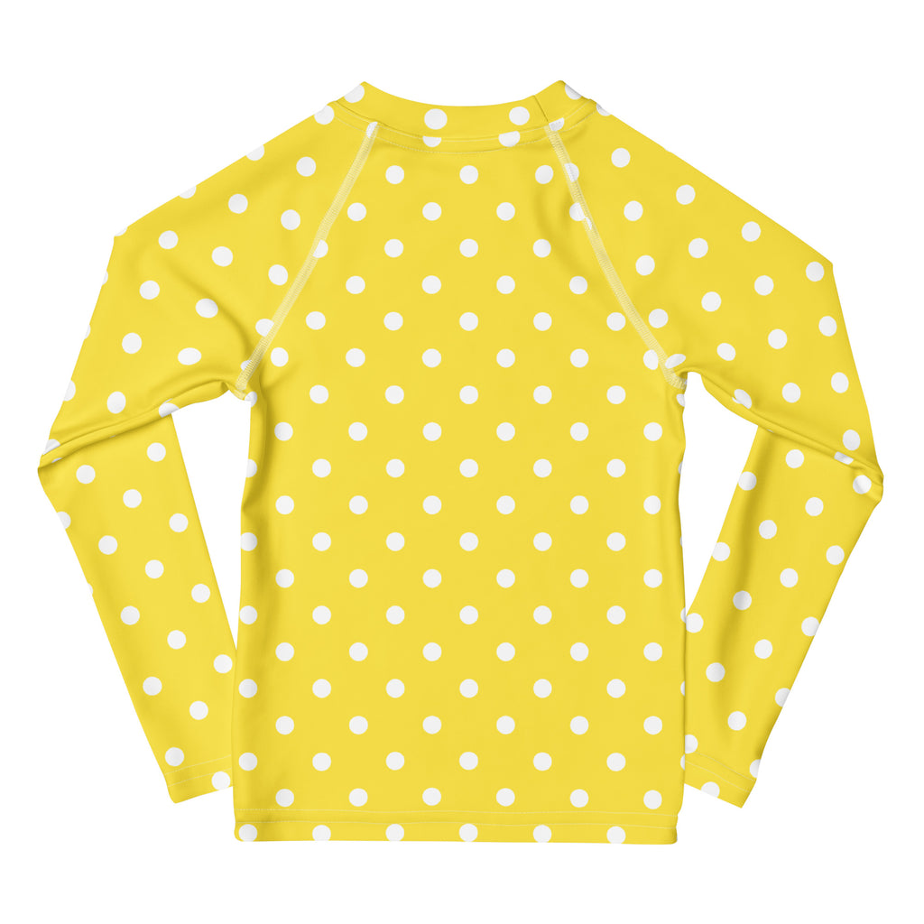 Kids Yellow Polka Dot Long Sleeve Rash Guard Swim Shirt – Buttery Soft, Sun Safe UPF 50+ Protection, Quick Dry & 4-Way Stretch Comfort
