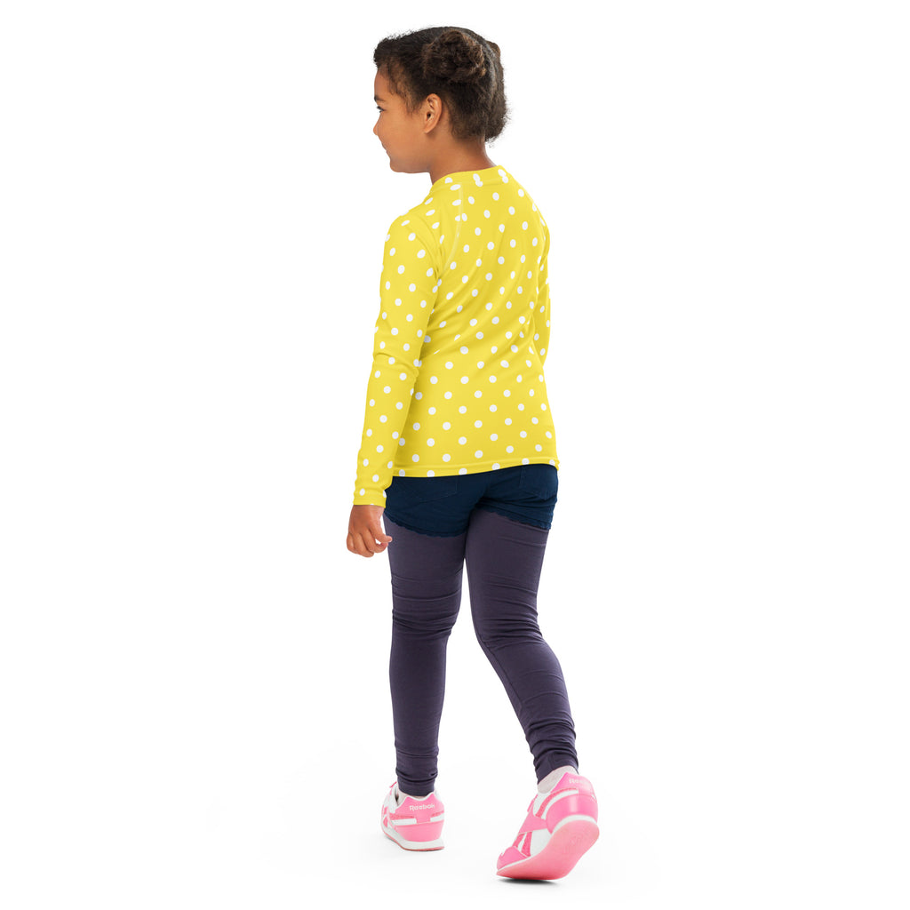 Kids Yellow Polka Dot Long Sleeve Rash Guard Swim Shirt – Buttery Soft, Sun Safe UPF 50+ Protection, Quick Dry & 4-Way Stretch Comfort
