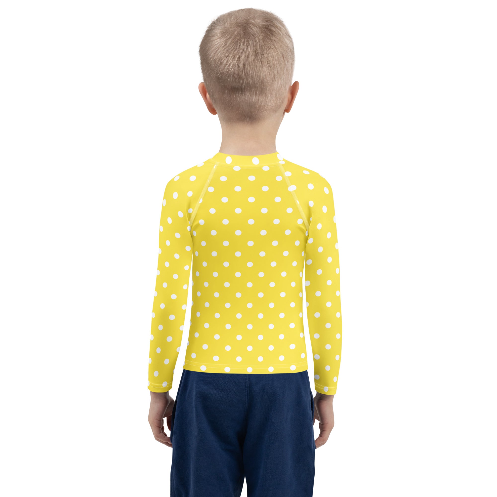 Kids Yellow Polka Dot Long Sleeve Rash Guard Swim Shirt – Buttery Soft, Sun Safe UPF 50+ Protection, Quick Dry & 4-Way Stretch Comfort