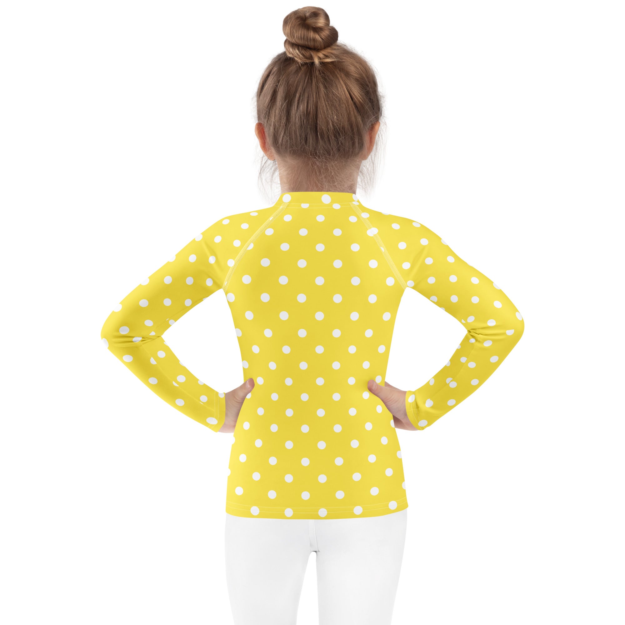 Kids Yellow Polka Dot Long Sleeve Rash Guard Swim Shirt – Buttery Soft, Sun Safe UPF 50+ Protection, Quick Dry & 4-Way Stretch Comfort