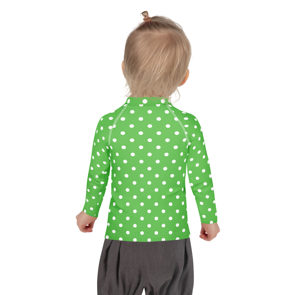 Kids Green Polka Dot Long Sleeve Rash Guard Swim Shirt – Buttery Soft, Sun Safe UPF 50+ Protection, Quick Dry & 4-Way Stretch Comfort