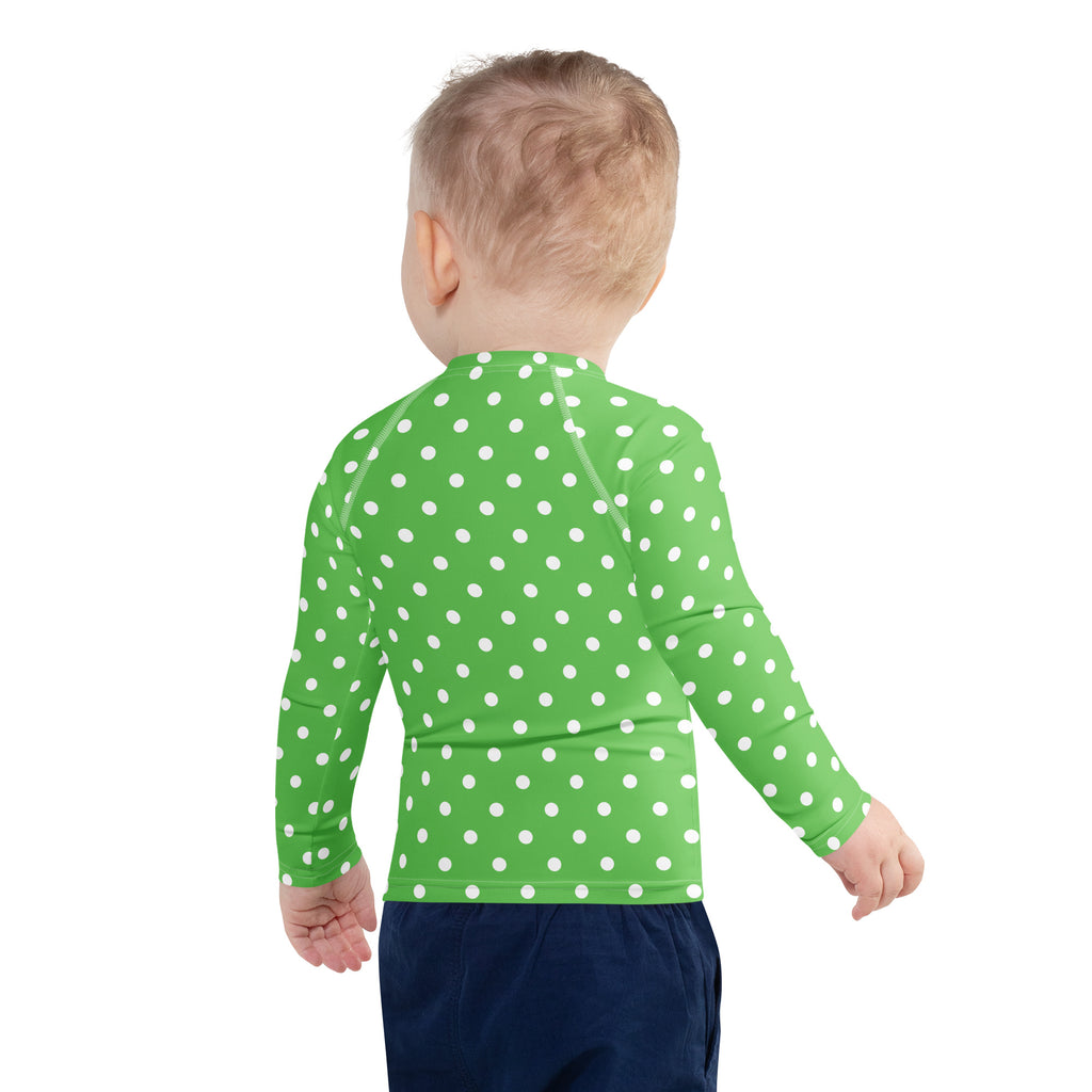 Kids Green Polka Dot Long Sleeve Rash Guard Swim Shirt – Buttery Soft, Sun Safe UPF 50+ Protection, Quick Dry & 4-Way Stretch Comfort