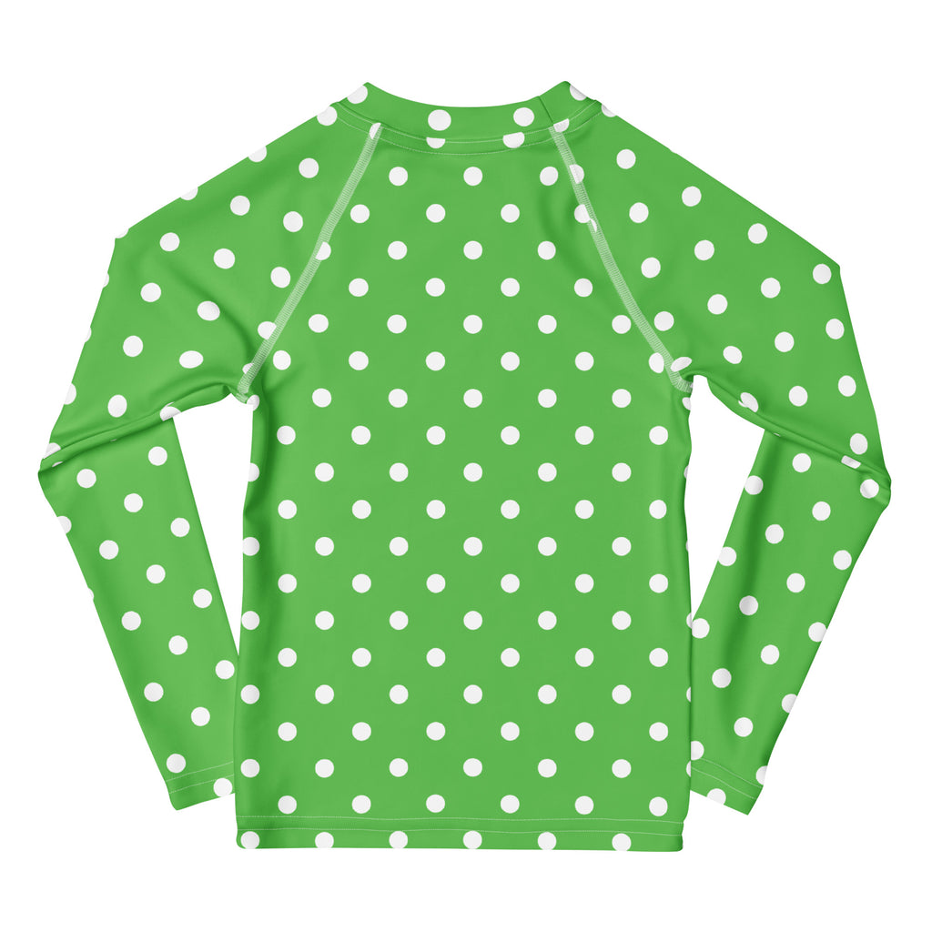 Kids Green Polka Dot Long Sleeve Rash Guard Swim Shirt – Buttery Soft, Sun Safe UPF 50+ Protection, Quick Dry & 4-Way Stretch Comfort