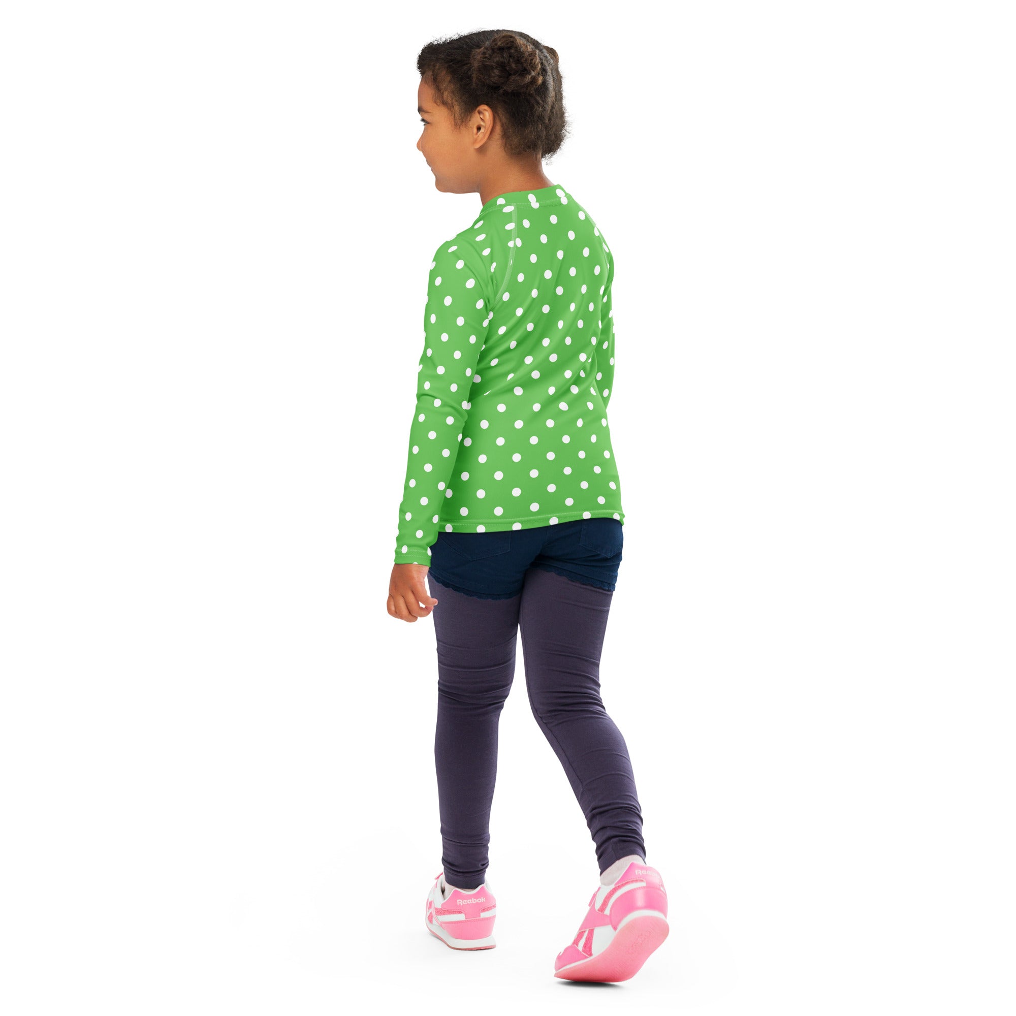 Kids Green Polka Dot Long Sleeve Rash Guard Swim Shirt – Buttery Soft, Sun Safe UPF 50+ Protection, Quick Dry & 4-Way Stretch Comfort
