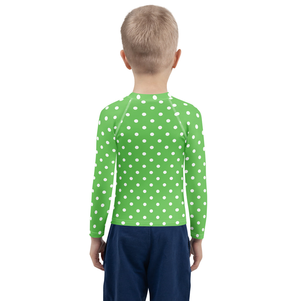 Kids Green Polka Dot Long Sleeve Rash Guard Swim Shirt – Buttery Soft, Sun Safe UPF 50+ Protection, Quick Dry & 4-Way Stretch Comfort