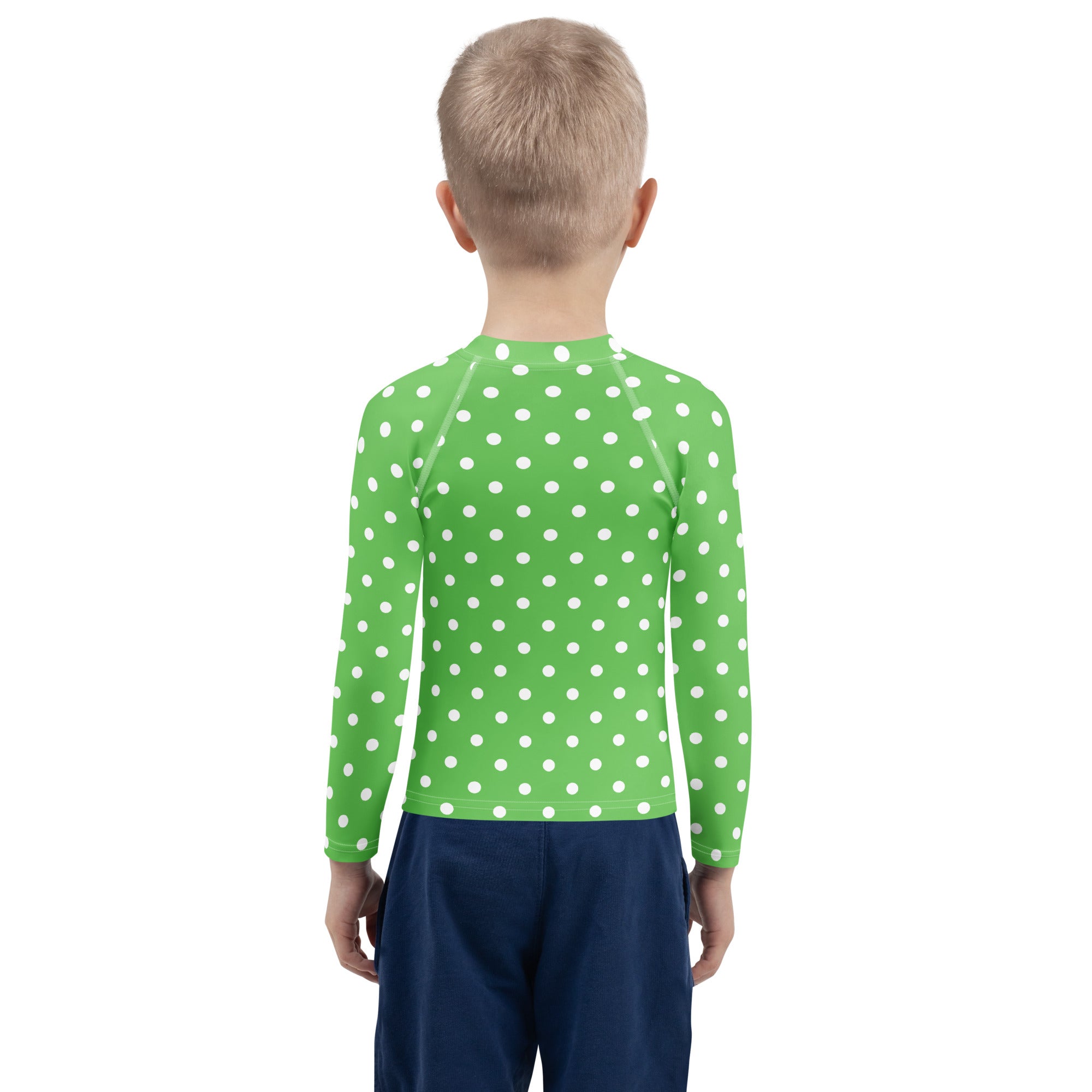 Kids Green Polka Dot Long Sleeve Rash Guard Swim Shirt – Buttery Soft, Sun Safe UPF 50+ Protection, Quick Dry & 4-Way Stretch Comfort