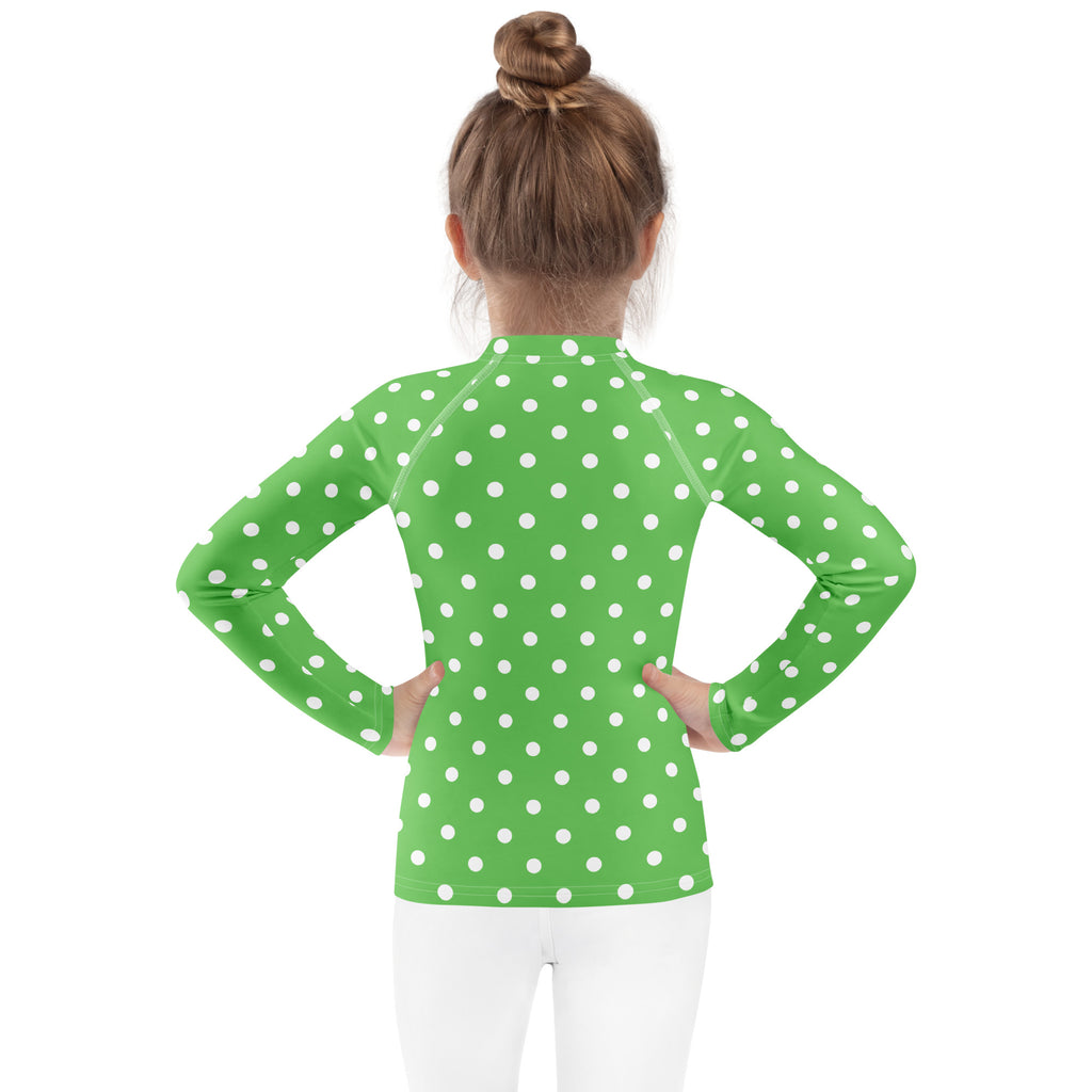 Kids Green Polka Dot Long Sleeve Rash Guard Swim Shirt – Buttery Soft, Sun Safe UPF 50+ Protection, Quick Dry & 4-Way Stretch Comfort